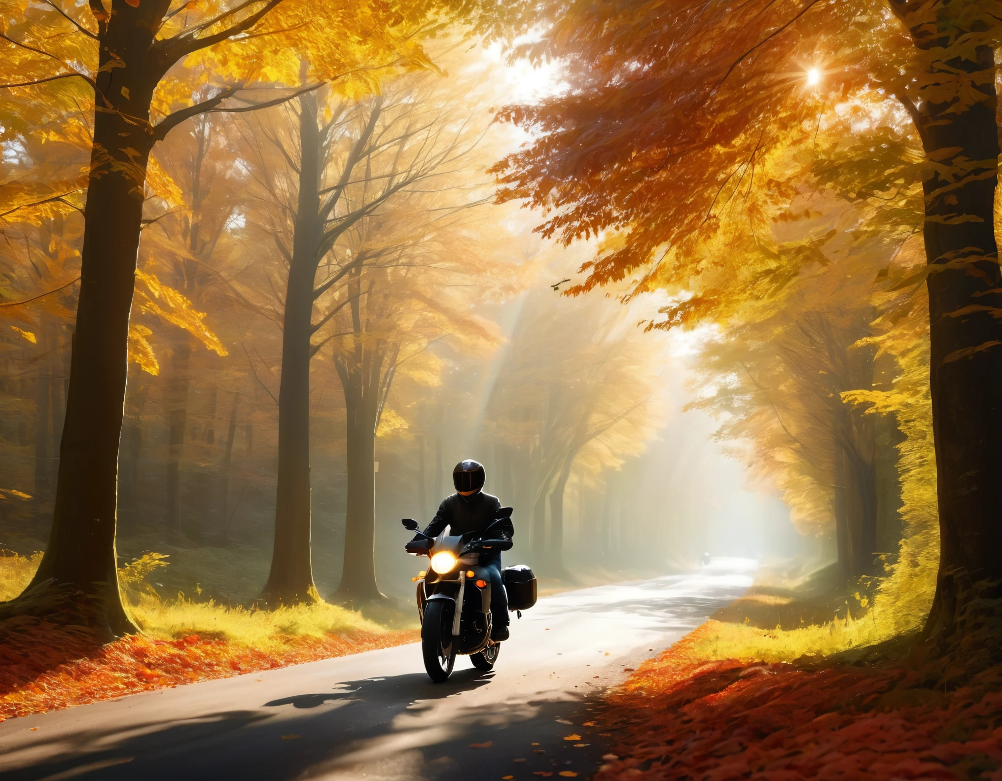 a serene and picturesque autumn forest scene featuring a person riding a motorcycle. The forest is bathed in warm, golden sunlight filtering through the dense canopy of vibrant red, orange, and yellow leaves. The trees cast long, dramatic shadows on the ground, creating a mesmerizing play of light and shadow. The fallen leaves scatter across the forest floor, adding to the autumnal ambiance. The motorcyclist is depicted riding along a narrow path, their silhouette outlined against the bright background, evoking a sense of peaceful adventure. The overall style should be ultra realistic photo, with rich, warm colors and soft, diffused lighting to enhance the dreamy atmosphere.