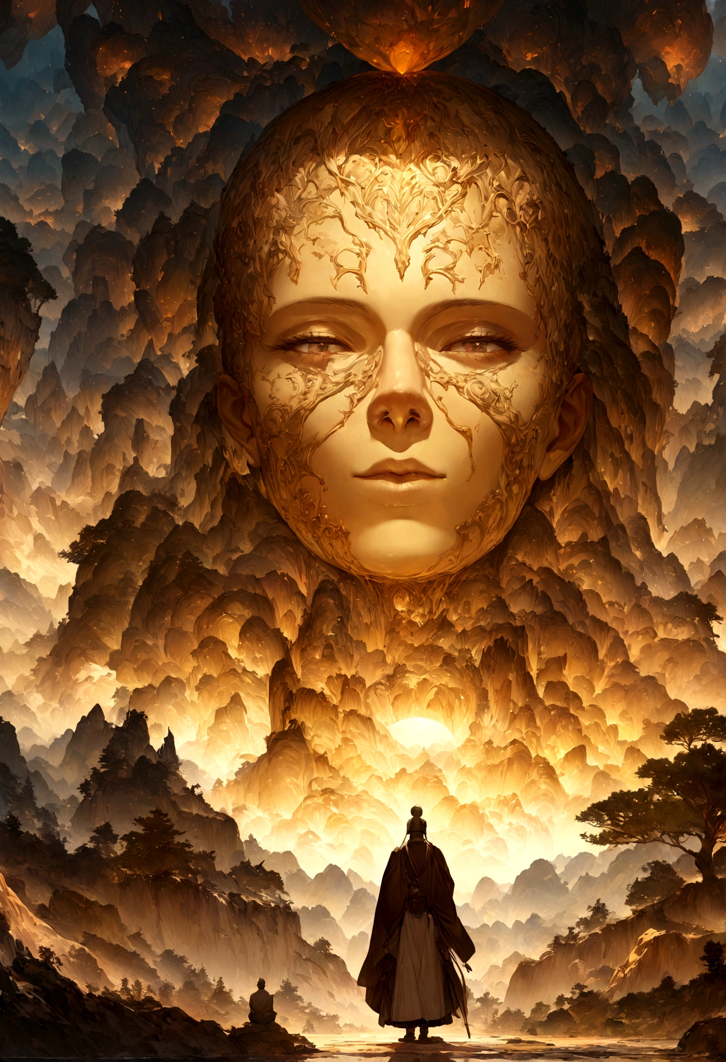 There is a tall seated Buddha in the distance, Sunshine on the mountains, Giant trees, pilgrims walking on the road. The composition is beautiful, masterpiece, detail, and high quality,  ((best quality))), ((Super detailed)), (Surrealism), (Highly detailed CG illustrations), light, Practical, (Surrealism), (illustration), (high resolution), (8K), (Very detailed), (best illustration), (Extremely detailed), (wallpaper),