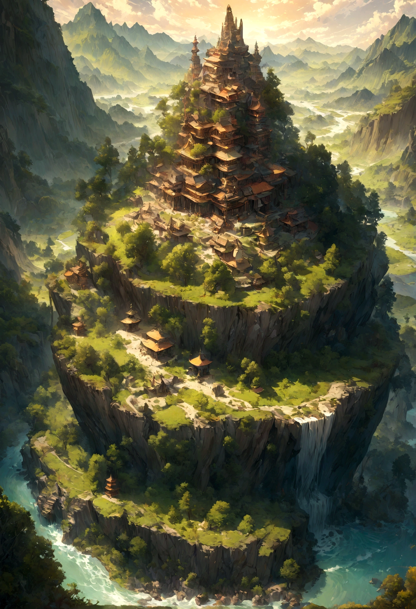 There is a tall seated Buddha in the distance, Sunshine on the mountains, Giant trees, pilgrims walking on the road. The composition is beautiful, masterpiece, detail, and high quality, ((best quality))), ((Super detailed)), (Surrealism), (Highly detailed CG illustrations), light, Practical, (Surrealism), (illustration), (high resolution), (8K), (Very detailed), (best illustration), (Extremely detailed), (wallpaper),