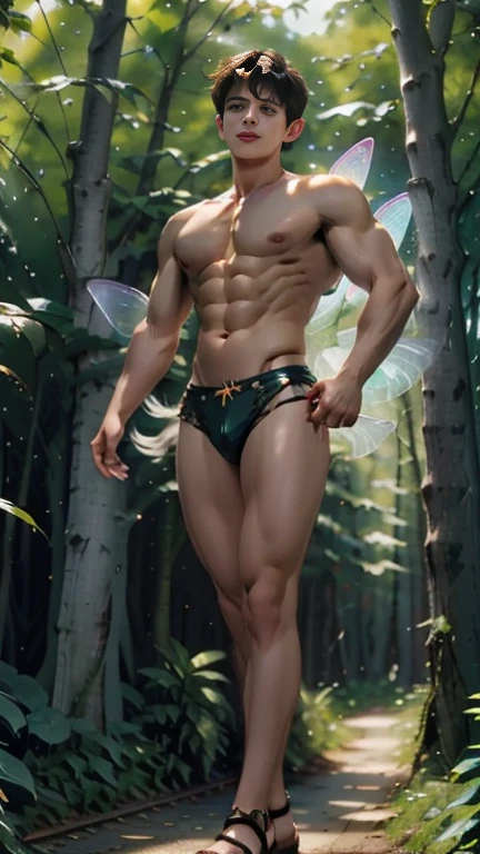 Peter Pan, young man 19 years old, ideal build, athletic, muscular legs, voluminous calves, round hips, handsome, perfect, sensual, as a fairy guy, Ideal body, aesthetically pleasing, beautiful, erotic, Flying between the trees in a fairy forest, hip miniskirt, thong, transparent wings, sandals, armlets made of plants, Dynamic pose, fantasy , in Valeggio style