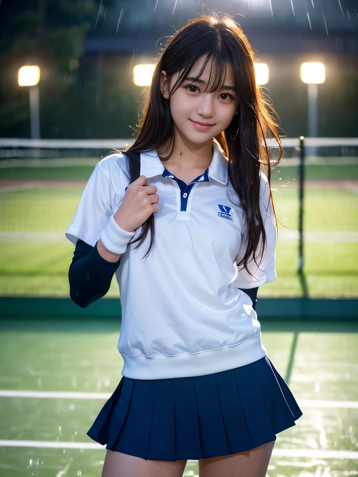 (((detailed heavy-rain))), (Best-quality, Masterpiece, Ultra-High-Resolution, (Photorealistic:1.4), Raw Photo, depth of field, professional lighting, perfect anatomy, extremely details), 1girl, 15-years-old, the most famous Japanese idol, innocent smile, cowboy shot, ((standing on tennis-court in heavy-rain, wearing extremely wet tennis-uniform from heavy-rain, extremely wet hair from heavy-rain)), (extremely cute face like the most popular Japanese idol, ((extremely cute and extremely big eyes)), extremely beautiful realistic-skins), extremely cute long-eyelashes, extremely cute lips, extremely wet thighs from heavy-rain