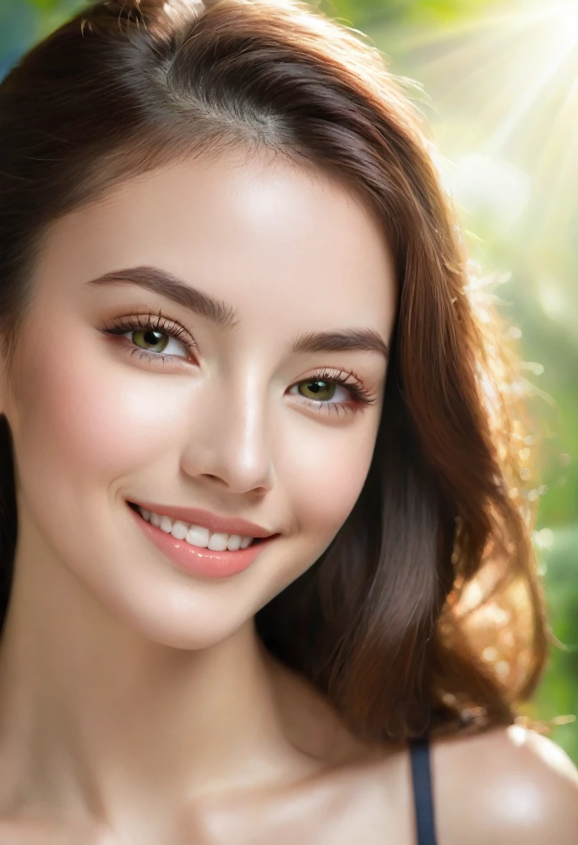 ((hyper-realistic)),((best quality)), ((masterpiece)), (detailed), perfect face This beautiful girl possesses a radiant and warm aura that immediately captivates those around her. Her eyes, the color of a deep and enchanting forest green, are windows to a soul that reflects kindness, intelligence, and a hint of playful curiosity. Framing her face is a cascade of chestnut-brown waves that dance in the sunlight, casting a soft and natural glow.
Her features are gracefully balanced—a nose that adds character without overshadowing her other delicate features, and lips that curve into a gentle smile, inviting and genuine. There's an air of confidence in the way she carries herself, yet it's tempered with humility, making her presence both strong and approachable.
Beyond her physical attributes, her inner beauty shines through her actions and personality. She exudes a contagious positivity, always ready with a kind word or a comforting gesture. Her laughter is a melodic symphony that echoes joy and warmth, creating a magnetic charm that draws people toward her.