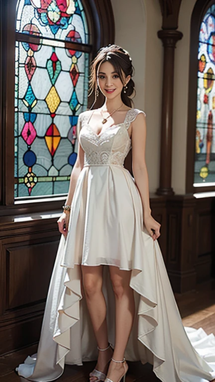 highest quality, Realistic, Very detailed, finely, High resolution, 8k wallpaper, Beautiful woman,, Brown hair short ponytail, (Silk short wedding dress), Perfect dynamic composition, finelyて美しい目, Ample breasts, Realistic , smile, Model Body Type、Earrings,garnet necklace,tiara,(Wearing a watch 1),Beautiful legs,(Church with beautiful stained glass),Full Body Shot:1.3,Smile and laugh,