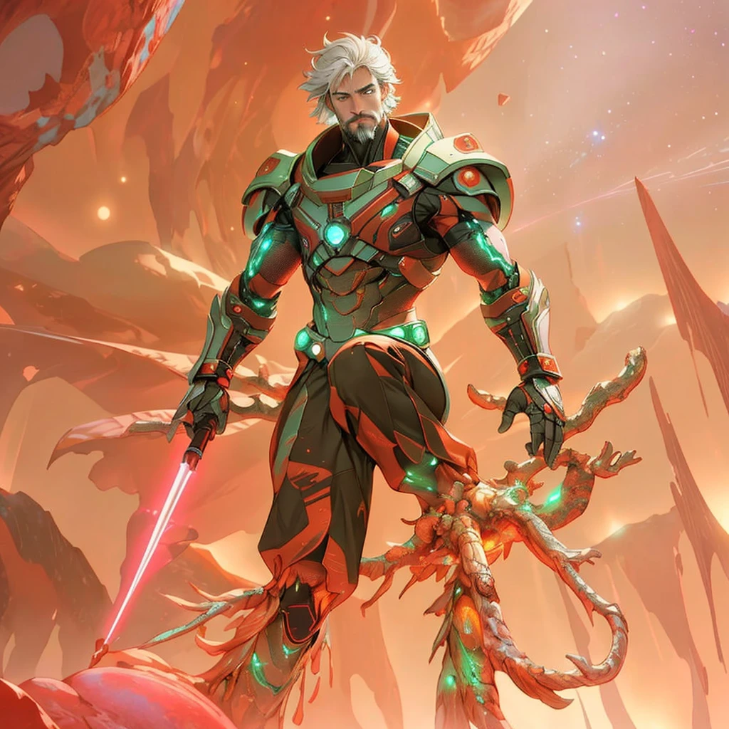 Draw a young programmer, sitting on a research platform floating in the middle of an asteroid belt. He is studying with a notebook, surrounded by several asteroids glowing with fiery auras. Dramatic lighting from distant stars and planets illuminates the scene, casting deep shadows on the suit. The young man looks confident and determined, looking at the vast and mysterious universe with wonder and respect,facial hair, cowboy shot,