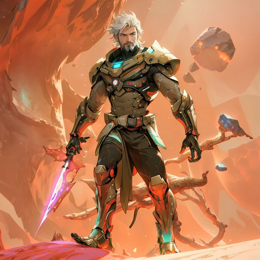 Draw a young programmer, sitting on a research platform floating in the middle of an asteroid belt. He is studying with a notebook, surrounded by several asteroids glowing with fiery auras. Dramatic lighting from distant stars and planets illuminates the scene, casting deep shadows on the suit. The young man looks confident and determined, looking at the vast and mysterious universe with wonder and respect,facial hair, cowboy shot,