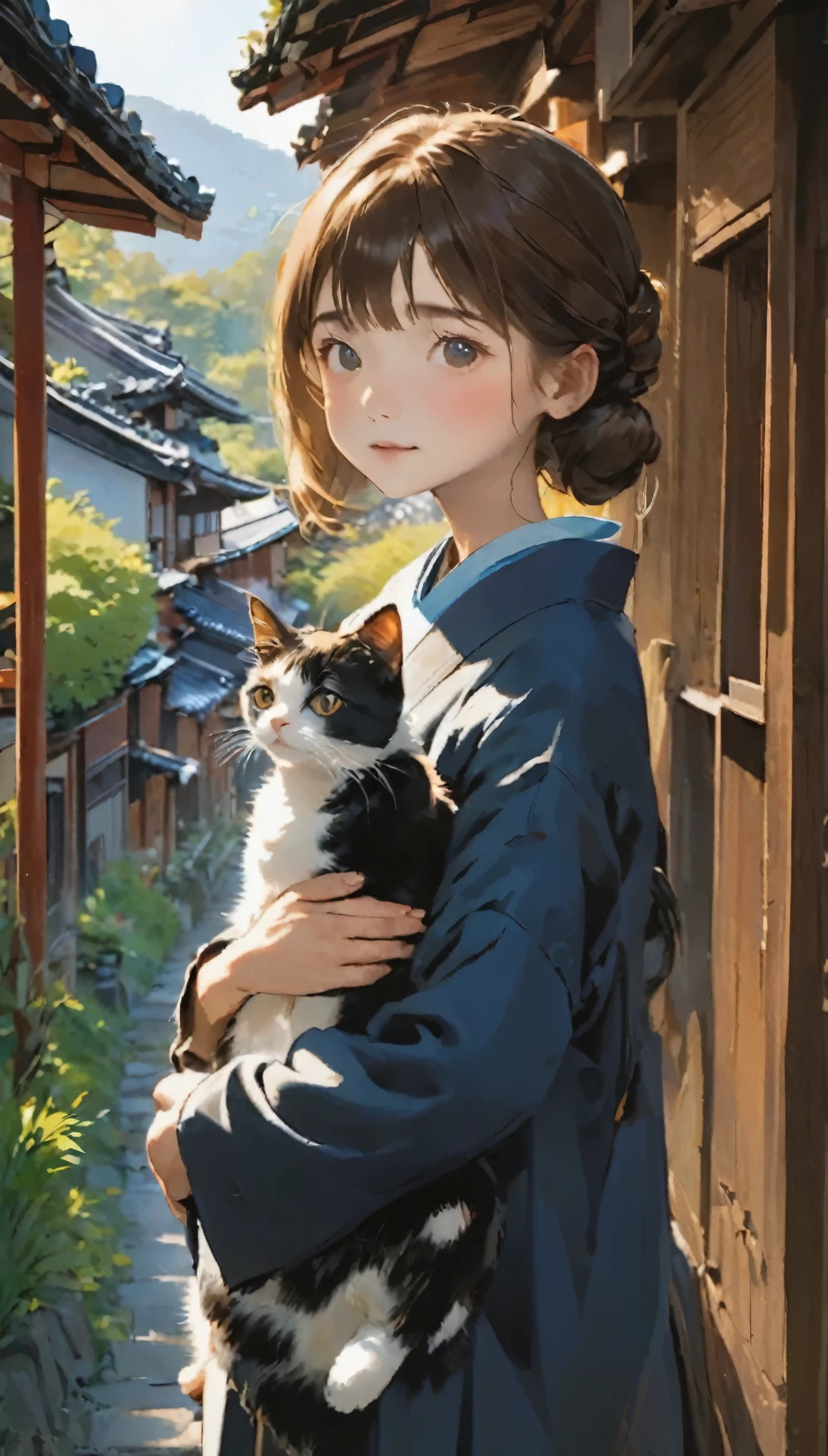 highest quality、girl holding a calico cat、Verandaに座る女の子と三毛猫, Cute 14 year old girl、Bun hair with brown hair tied、Black cat、natureな見た目、Long Shot、nature、Old houses in Japan、Eaves、Veranda、