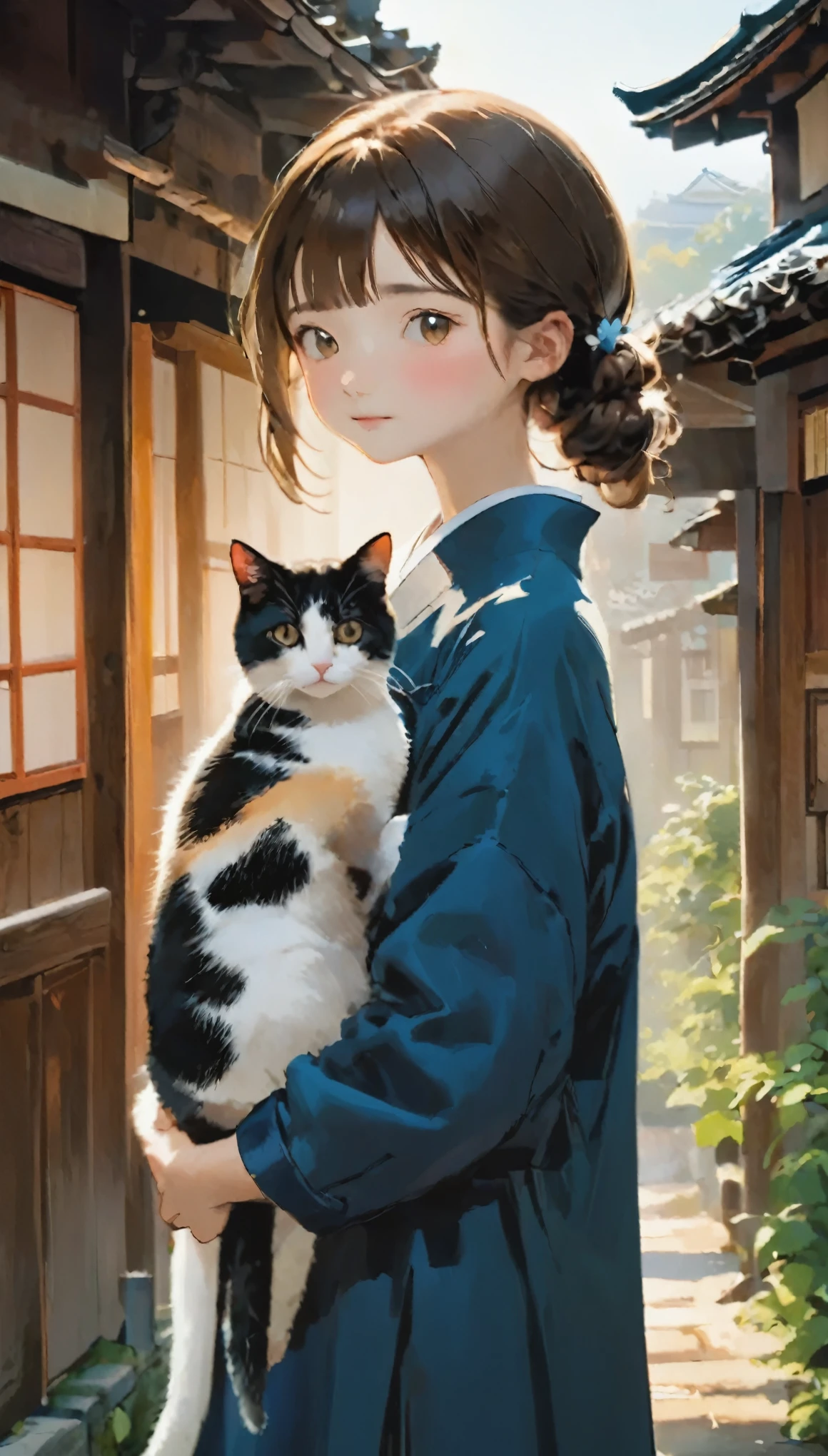 highest quality、girl holding a calico cat、Verandaに座る***と三毛猫, Cute 14 year old girl、Bun hair with brown hair tied、Black cat、natureな見た目、Long Shot、nature、Old houses in Japan、Eaves、Veranda、