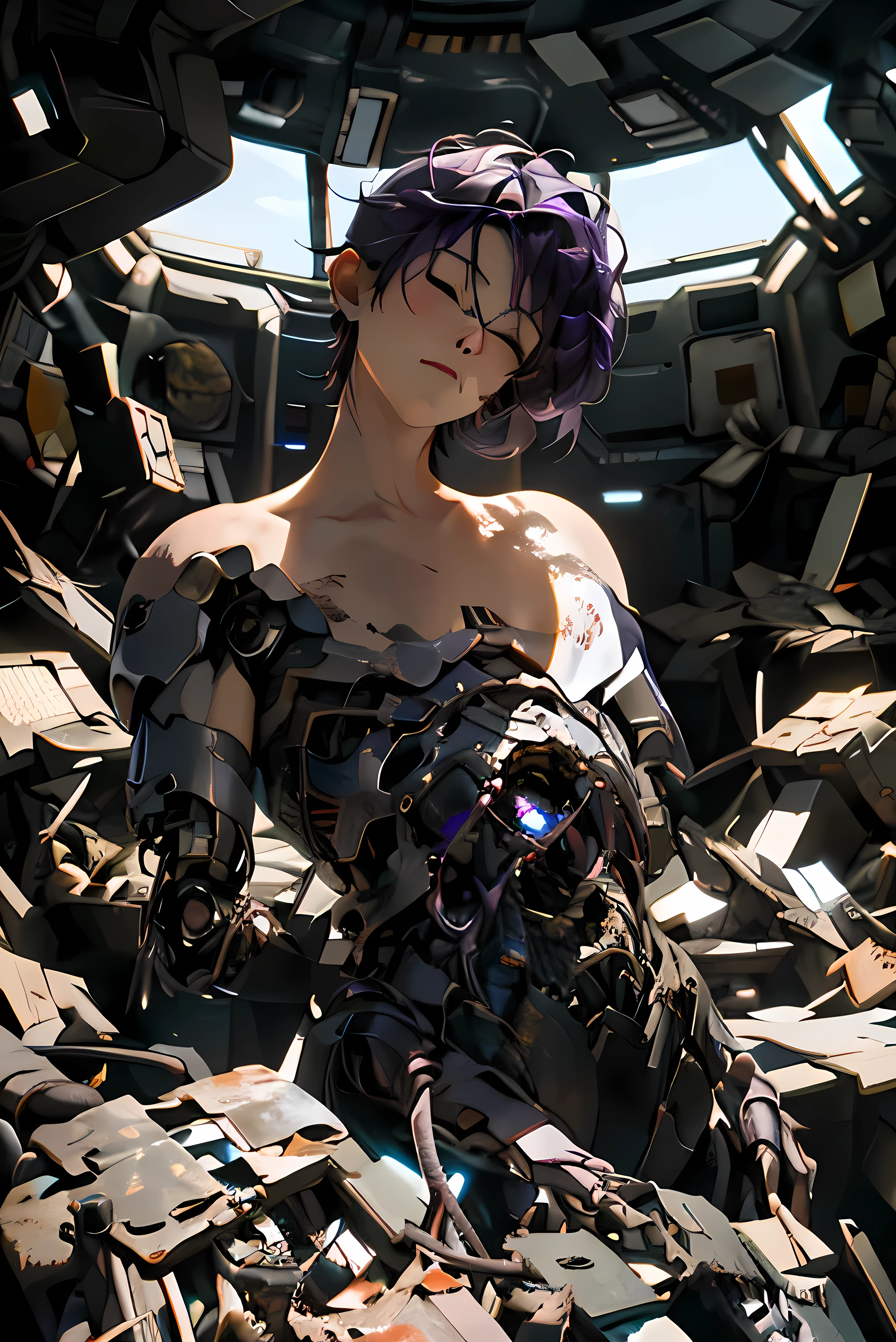 "A robotic hand emerges from a pile of trash and scrap, delicately holding a flower. Attached to the robotic arm is the hand of a teenage boy, the rest of his body buried beneath the junk. The boy has purple hair, and his eyes are closed, giving the impression of lifelessness. The robotic parts and the boy are dirty, covered in grime and debris from the junkyard. The environment is completely filled with junk."

