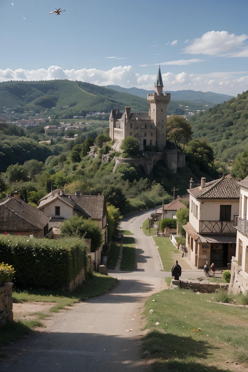 Create a medieval fantasy scene with a towering castle on a hill, armored knights patrolling and dragons flying over the area. Quaint villages lie at the foot of the hill with bustling markets and welcoming tavernas.