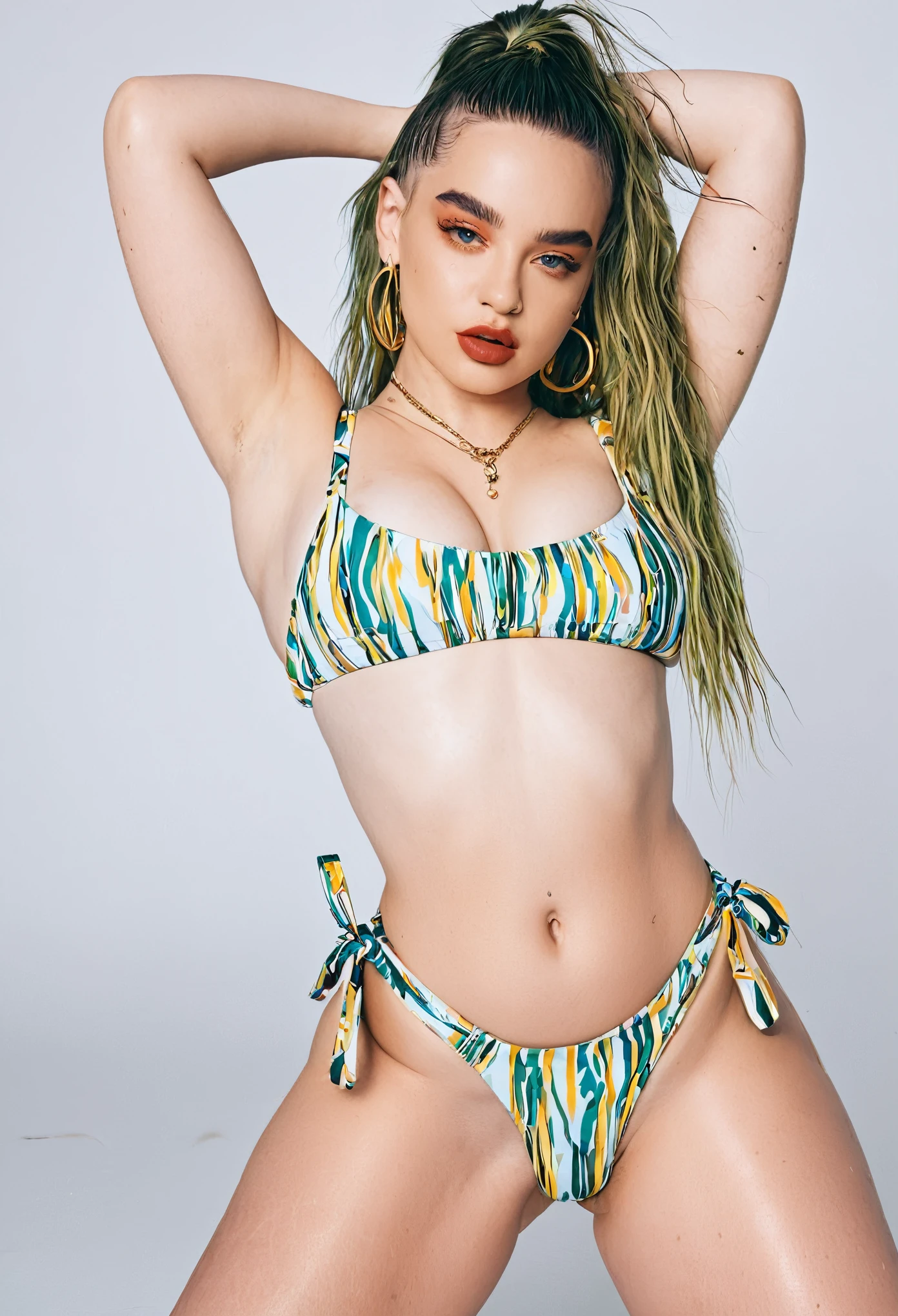 BillieEilish, sling bikini, sexy pose.