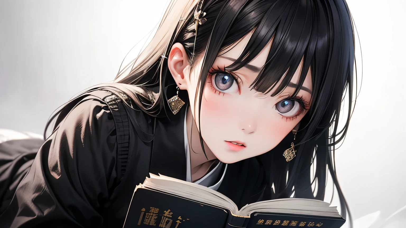 RAWphotograph, photograph, Realistic, 自然の中の女性の8K鮮やかなphotograph, Very detailed, In detail, Dramatic Light, In detail beautiful eyes, Detailed skin, Written boundary depth, Grey Eyes,Reading a book