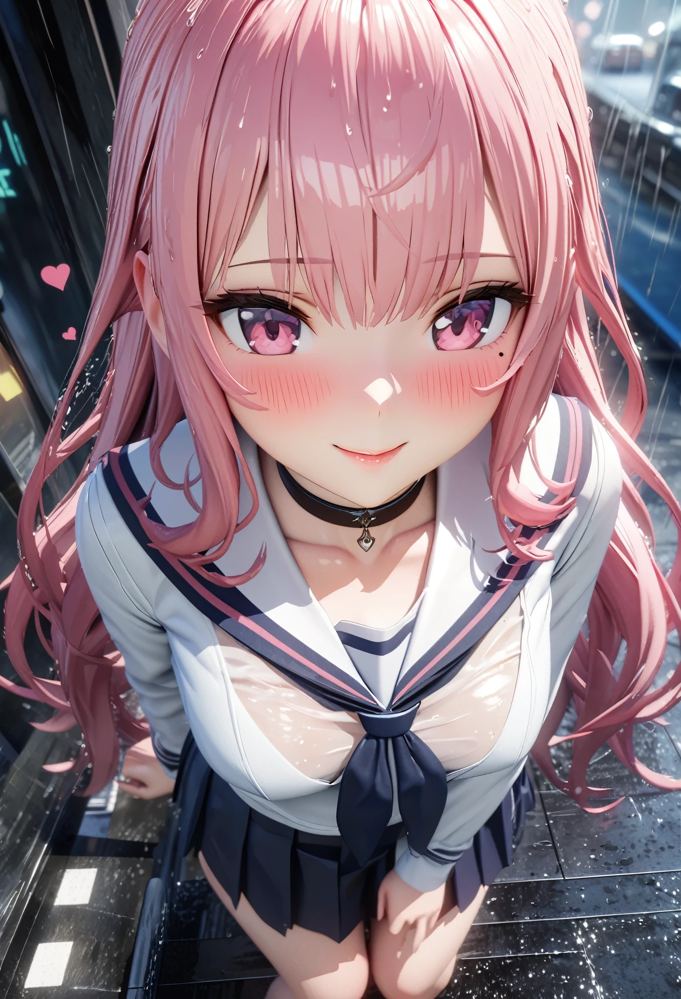 masterpiece, best quality, very detailed, high resolution, expensive solution, high resolution, 4k, 8k, Unity 8k wallpaper, highly detailed CG, masterpiece, 2d, 3d, beautiful details, depth, fine texture, best quality: 1.3, total concentration, transparent skin, him, very cute anime girl, expensive pink long hair, one girl, high school sailor uniform, on the way home from school, it was raining heavily and she was soaking wet. The sailor uniform was see-through, her hair was soaking wet, smiling long pink hair, full body, on the way home from school, heavy rain, mole under eye, gaze, expensive, blush, lips parted, heart, pink eyes, choker