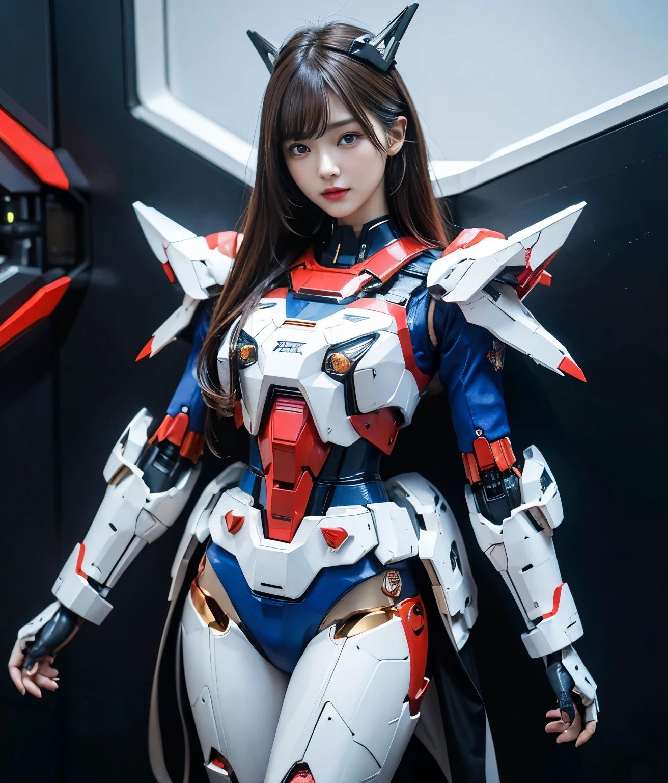 Textured skin, Super Detail, high details, High quality, Best Quality, hight resolution, 1080p, hard disk, Beautiful,(Gundam Girl),beautiful cyborg woman,Mecha Cyborg Girl,Battle Mode,Girl with a Mecha Body,She wears a futuristic Gundam mecha,Full Body Shot