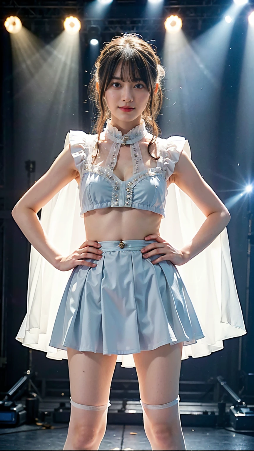 (8k、RAW Photos、highest quality、masterpiece:1.2)、(Realistic、Realistic)、1 girl、((Frilled mini skirt、Arm Covers、Cape、Large Breasts、White and light blue、Costume of the heroine、See-through、belly button、boots、Sleeveless、stage、smile、Spotlight、View from the front、Standing with hands on hips))、