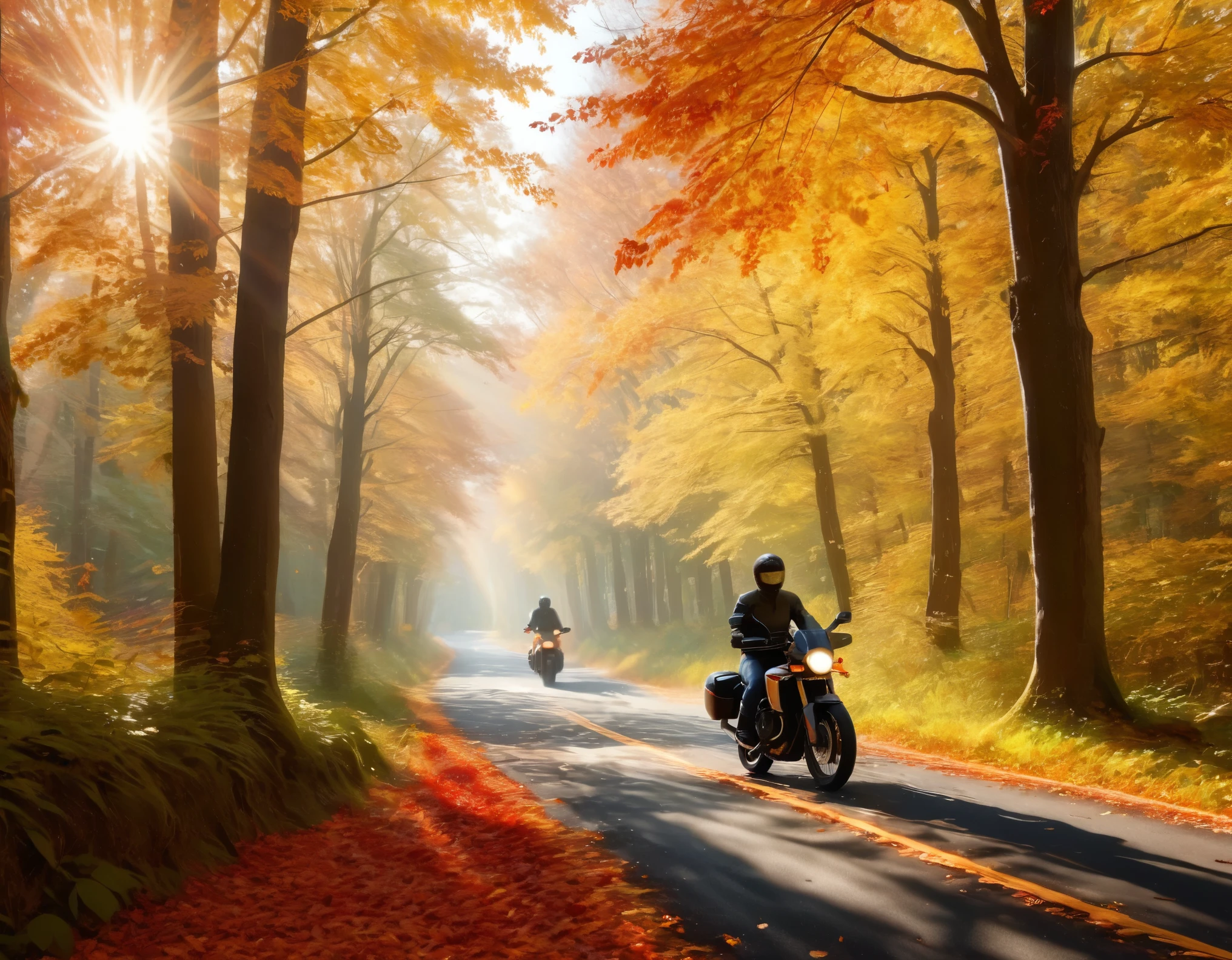 a serene and picturesque autumn forest scene featuring a person riding a motorcycle. The forest is bathed in warm, golden sunlight filtering through the dense canopy of vibrant red, orange, and yellow leaves. The trees cast long, dramatic shadows on the ground, creating a mesmerizing play of light and shadow. The fallen leaves scatter across the forest floor, adding to the autumnal ambiance. The motorcyclist is depicted riding along a narrow path, their silhouette outlined against the bright background, evoking a sense of peaceful adventure. The overall style should be ultra realistic photo, with rich, warm colors and soft, diffused lighting to enhance the dreamy atmosphere. View from side