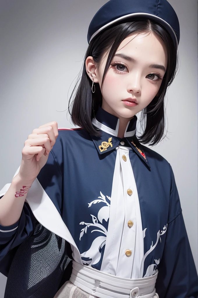 Photorealistic,pop art,flat color,(masterpiece, best quality:1.1),
(ultra highres, ultra-detailed:1.2) ,Cute Jiangshi,16yo,pale skin,navy hair,wavy short hair,parallel eyebrows,dynamic pose,