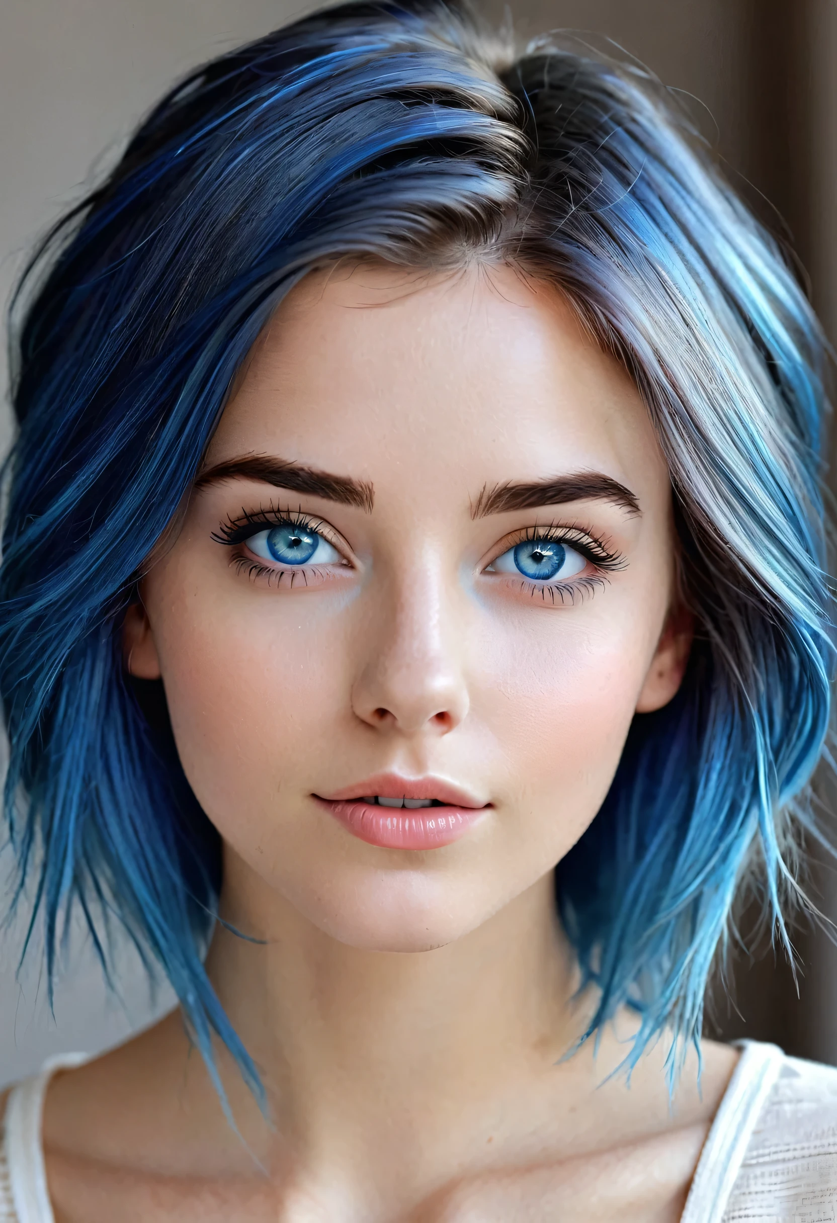 generate me a realistic girl fair in color with blue hilighted hair and blue eyes of age 24