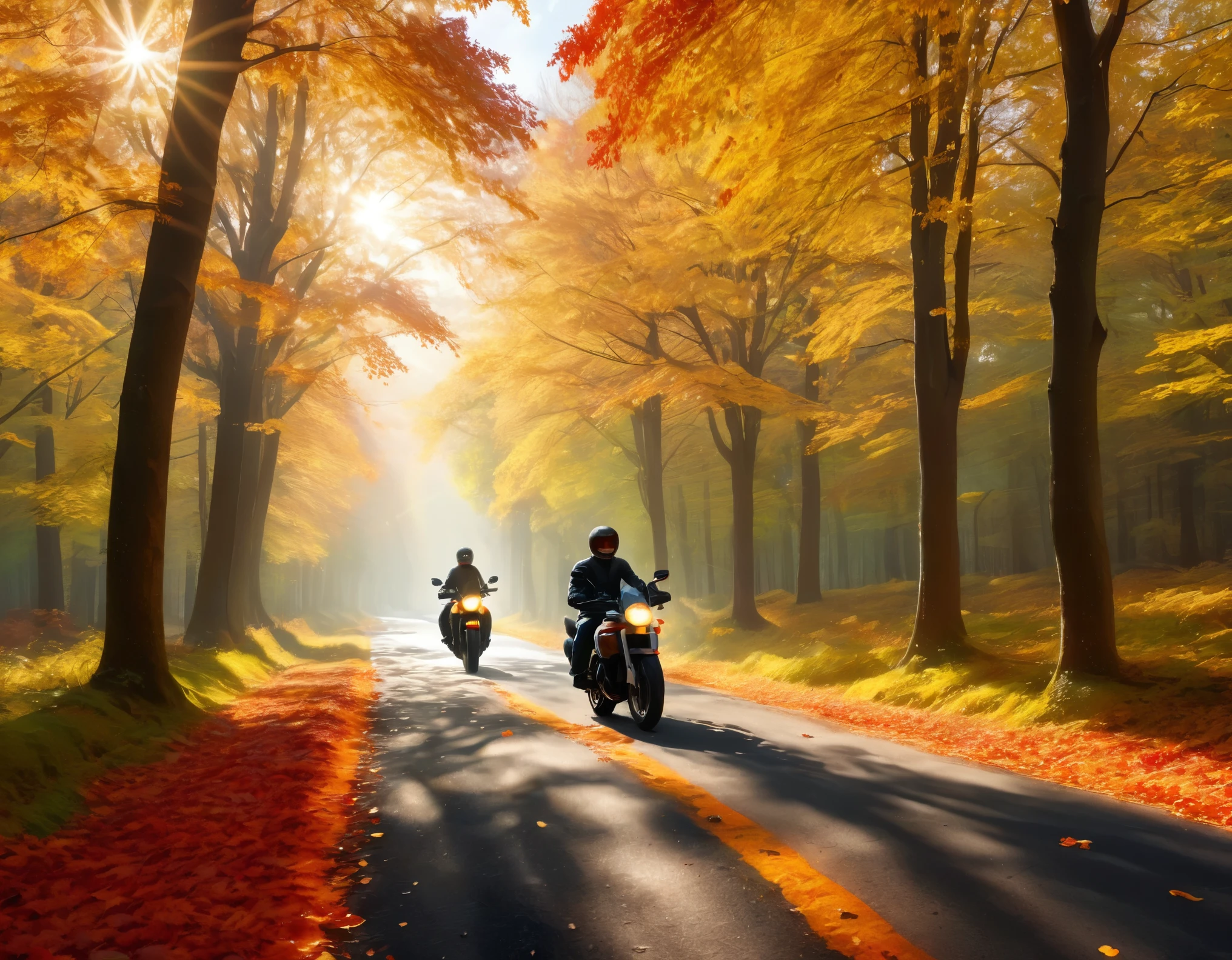 a serene and picturesque autumn forest scene featuring a person riding a motorcycle. The forest is bathed in warm, golden sunlight filtering through the dense canopy of vibrant red, orange, and yellow leaves. The trees cast long, dramatic shadows on the ground, creating a mesmerizing play of light and shadow. The fallen leaves scatter across the forest floor, adding to the autumnal ambiance. The motorcyclist is depicted riding along a narrow path, their silhouette outlined against the bright background, evoking a sense of peaceful adventure. The overall style should be ultra realistic photo, with rich, warm colors and soft, diffused lighting to enhance the dreamy atmosphere. View from side