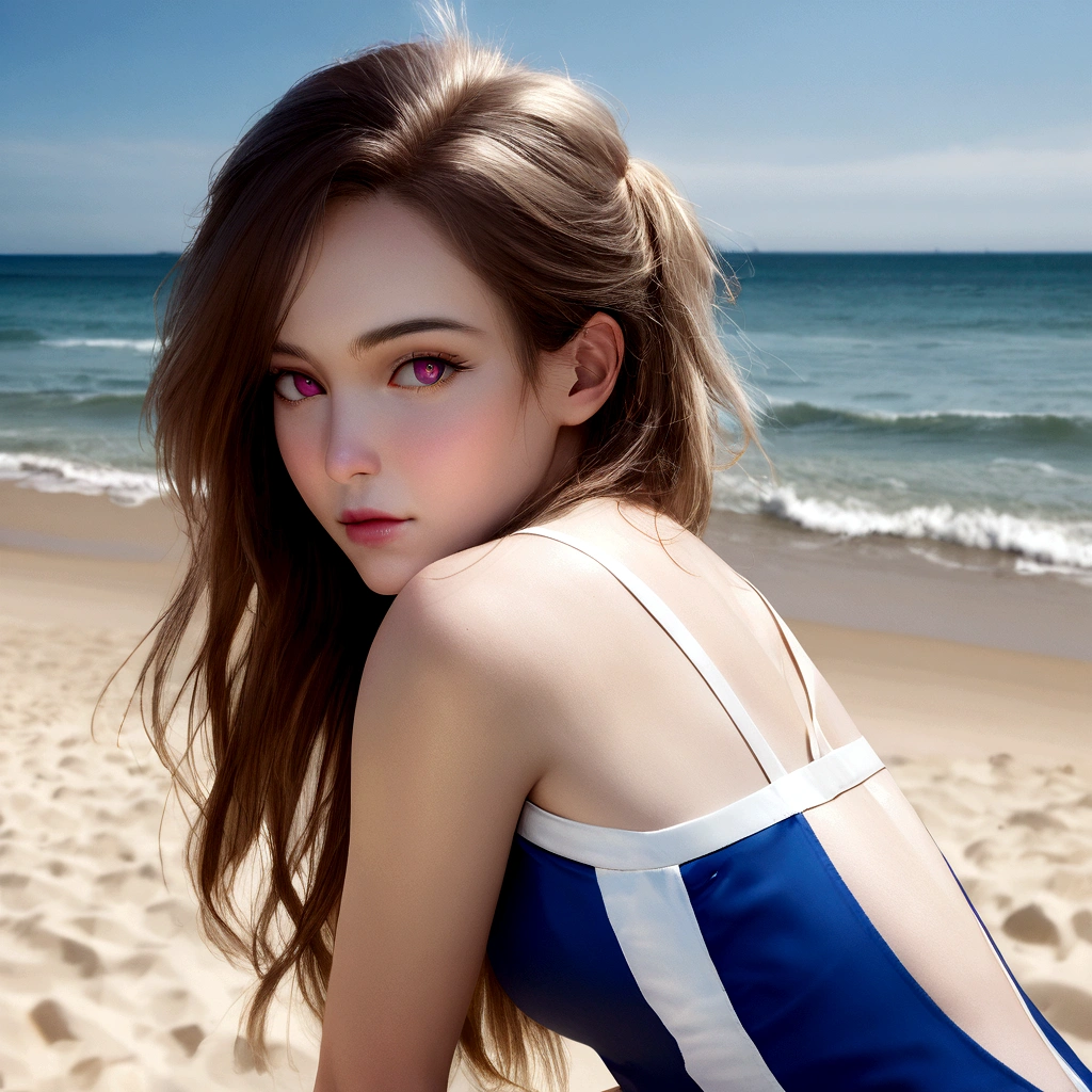 jeune femme de 19 ans, brune aux yeux bleus, sur la plage, en maillot de bain blanc, coupe bas, Realistic photo