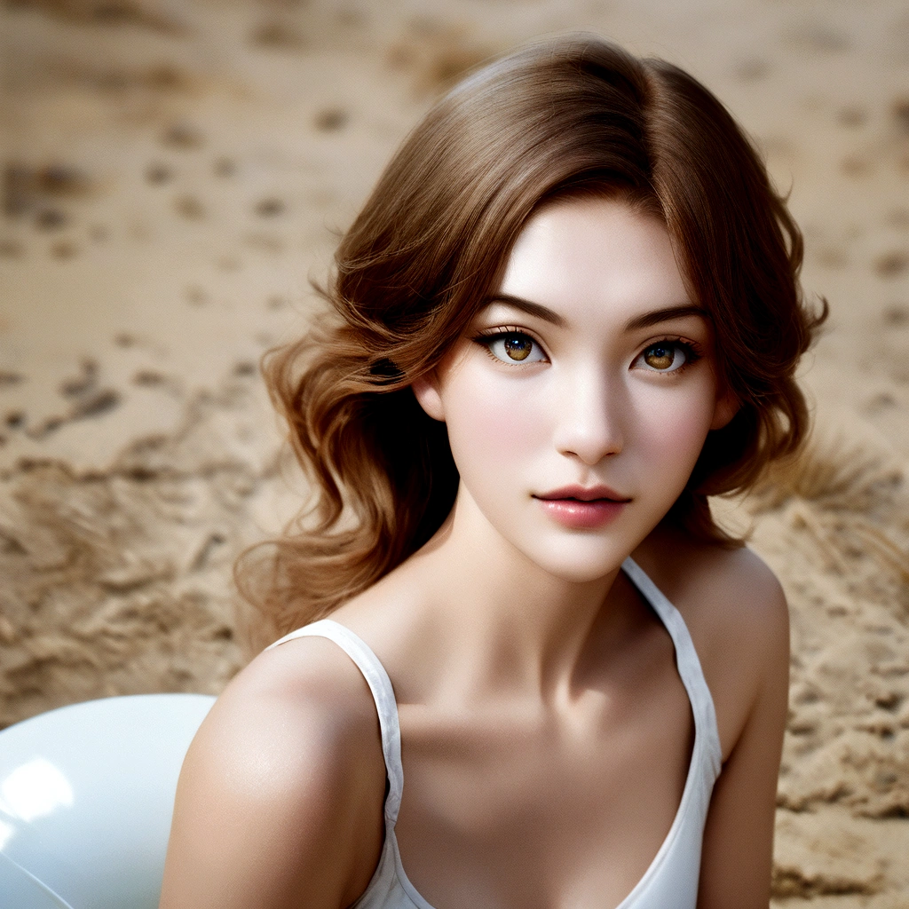 jeune femme de 19 ans, brune aux yeux bleus, sur la plage, en maillot de bain blanc, coupe bas, Realistic photo
