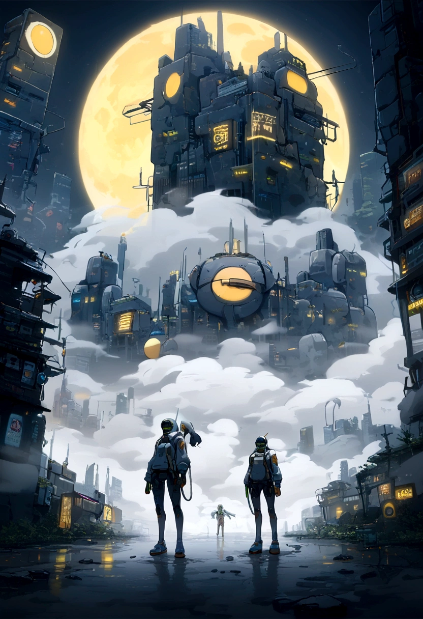 several friends of the future standing in a panoramic cyberpunk street , outdoors , night , dream ,( dense fog :1.4), circular massive yellow moon, sky , strong gold decoration, Chinese panoramic cyberpunk art, movie poster , a minimalist background ,high-tech, graffiti, futuristic gadgets, cinematic, ultra-detailed, high-tech implants, augmented reality, vintage futurism, pan futurism, dystopian cyberpunk, neon-lit urban landscape