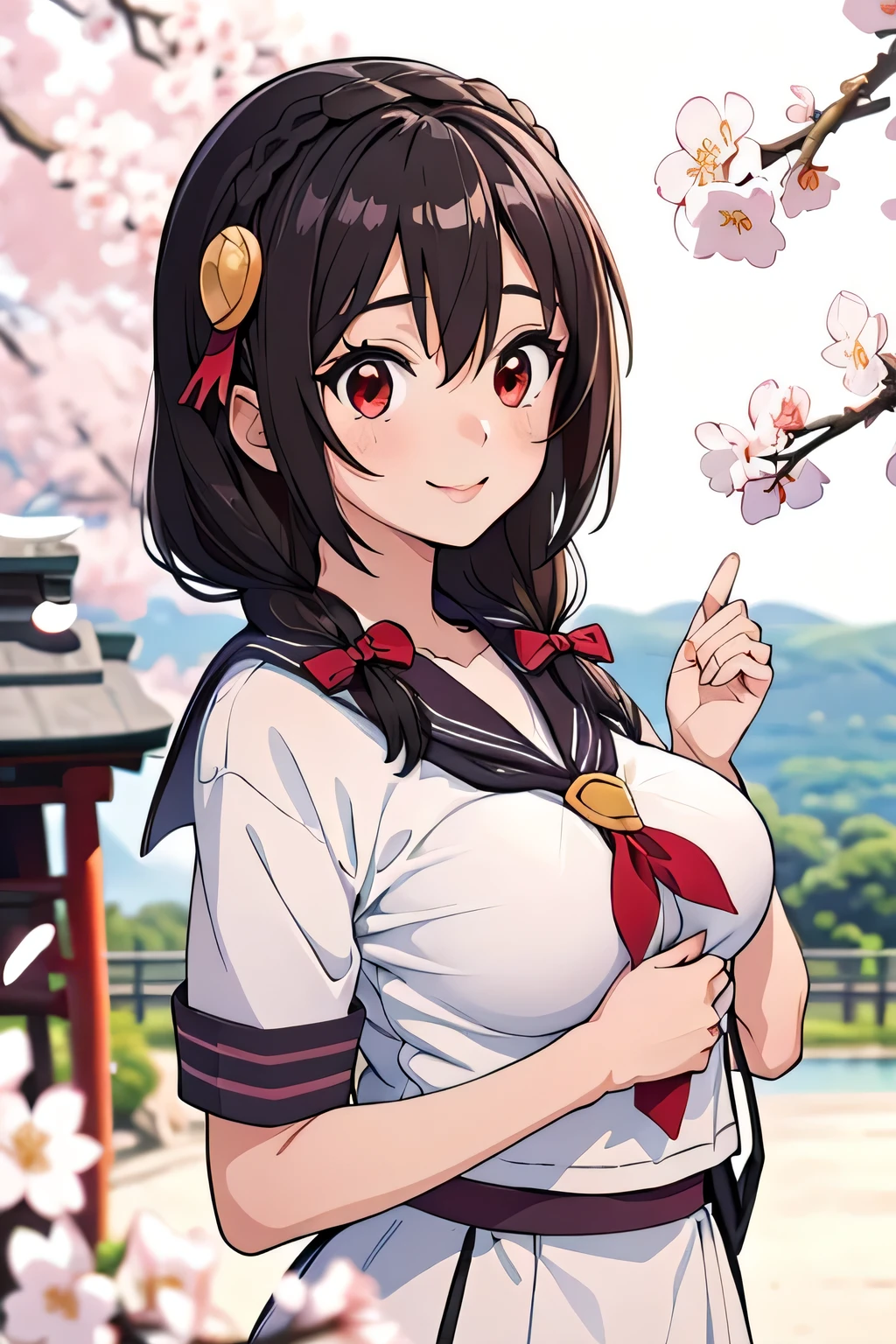 (masterpiece, highest quality), One girl,    Yunyun,Long Hair,Braiding,Twin tails,Hair between the eyes,Hair Ribbon,hair ornaments,Big Breasts,(Japanese Sailor Suit:1.2),tie,Short sleeve,Pink Skirt、Red Eyes、The best smile、cherry blossoms、One hand held out with palm up