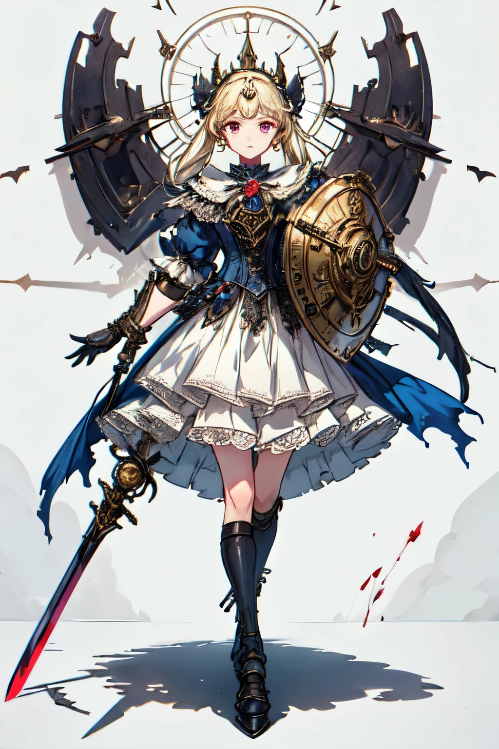 ((best quality)), ((masterpiece)), (detailed), perfect face ((best quality)), ((masterpiece)), (detailed), blank white background, plain background, white background, Bloodborne inspired, occult aesthetic, occult, detailed and intricate steampunk and detailed gothic, (zentangle, mandala, tangle, entangle), NSFW, torn clothing, Very dramatic and cinematic lighting, cosmic horror, grim-dark, side-lighting, perfect face, a beautiful goddess adorned and enshrined in armour, Bloodborne inspired , occult aesthetic , occult , detailed and intricate steampunk and detailed gothic , wielding a sword and holding a shield, NSFW, Fluttering lace flared short dress with frilly petticoats, knee length dress, pleated petticoats, ta dress, petticoats gothic loliside-lighting, gothic lolita aetic, beautiful small breasts, small breasts, full body, whole body, body, plain background, white background, blank background, no background, white background NSFW, full body, whole body, head-to-toe