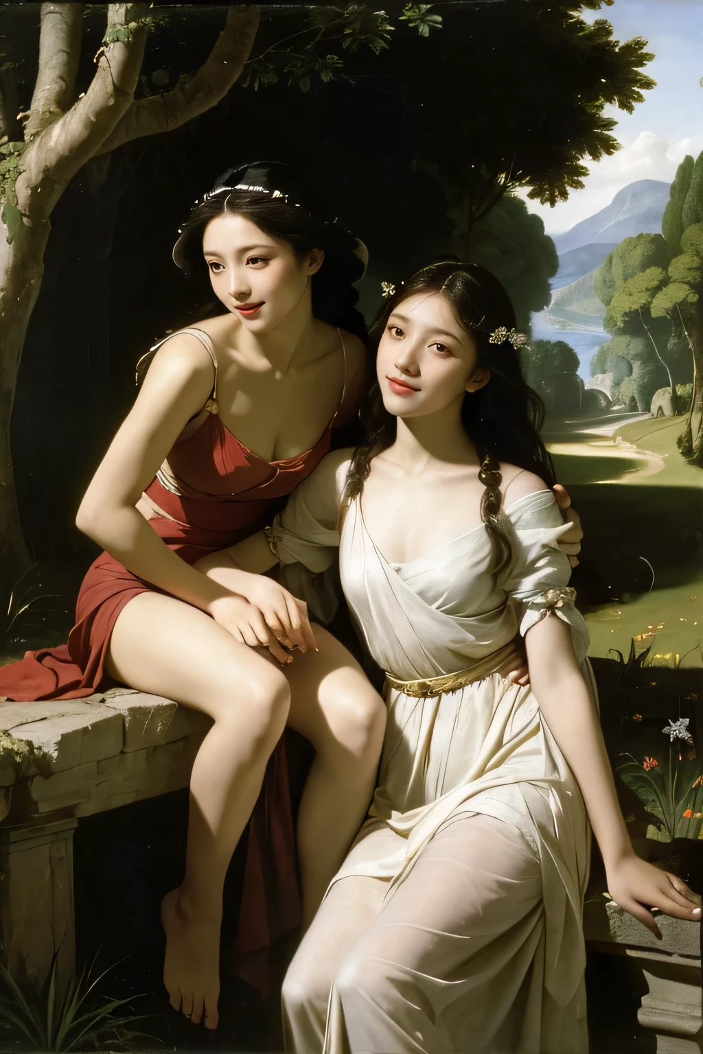 Giorgione painting style,Barbizon forest A beautiful woman in Greek dress smiles on the shore,Sweet and seductive appearance.、Caravaggio's paintings、Chiaroscuro of Caravaggio、hair tousled by the wind,Two women frolicking,cute smile, expression of ecstasy,Sexy,erotic, full body portrait