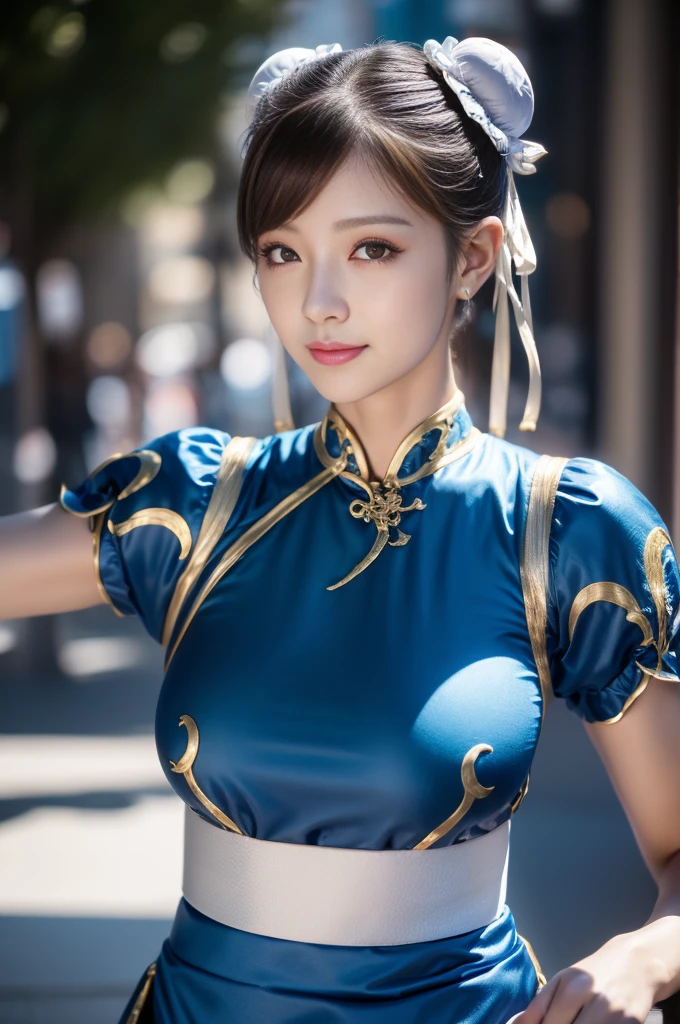 Chun-Li from Street Fight II,The perfect Chun-Li costume,Blue Chinese dress with gold lines,Bun Head,Good cover,Fighting Pose,masterpiece、1 beautiful girl、Fine Eyes、Puffy eyes、highest quality, 超High resolution, (reality: 1.4), Cinema Lighting、Japanese、Asian Beauty、Korean、so beautiful、Beautiful Skin、Body facing forward、Face close-up、(超reality的な)、(High resolution)、(8k)、(Very detailed)、(美しくFine Eyes)、(Very detailed)、 (wall-)、Detailed face、Bright lighting、Professional Lighting、Looking at the audience、Look straight ahead、Diagonal bangs、Nogizaka Idol、Korean Idol、masterpiece, highest quality, masterpiece, highest quality, Perfect Face, Perfect brown eyes with white sclera, Bad move -5, alone, 1 girl, Upper Body, Brown Hair, From SF2, Chinese Language Services, smile, Muscular woman, Blue clothes, pantyhose, Pelvic Curtain, Puff short sleeves, Good cover, sash, evaluation:safety