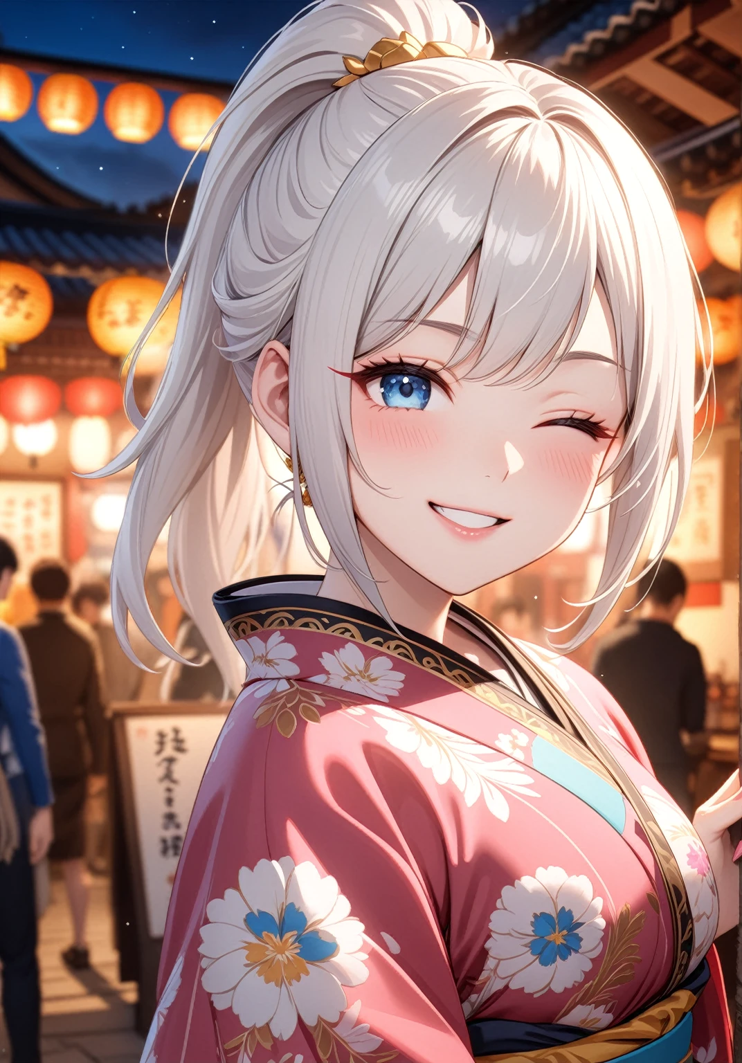 ((one personの女性)), Beautiful Face,Laugh shyly,((Wink:2.0)),Laughing with your mouth open,turn bright red,Glossy pink lips,night,Shrine festival stalls,((Anime style background)),masterpiece, highest quality, so beautiful, up to date, Complex details, (Pink long nails),AI-generated, Complex,High resolution, highest quality, super high quality,3D Images、Looking at the camera、3D Images,one person,Long white hair,High Ponytail,blue eyes,Anime woman posing for a photo, [[Fine grain、Colorful eyes、Shining Eyes:1.15]],(Squint your eyes:1.1),a hyperRealistic , hyperRealistic , Realistic,Long haired white haired anime woman, Smooth anime CG art, A woman in a colorful kimono with gold embroidery, (Black kimono),Red floral pattern,Long flower hair ornament,Big earrings,(Big Breasts:1.4),Mature Body,tall,Big Ass,Fine details,Tight waist,Abdominal muscles,(Face close-up:1.5),Tilt your face,Give a hand