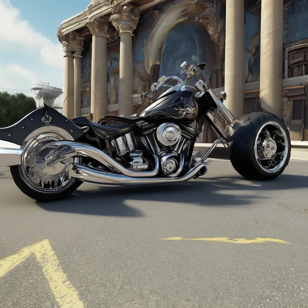 "Design a powerful Custom 18-wheeler, (Batman theme (1.4), (dual chrome exhaust stacks (1.4)), (customized graphics, rims (1.3)), in the style of a lowrider (1.5)). Imagine it rolling down a sunlit highway (a very detailed masterpiece (1.6)), surrounded by vast landscapes and open skies."
