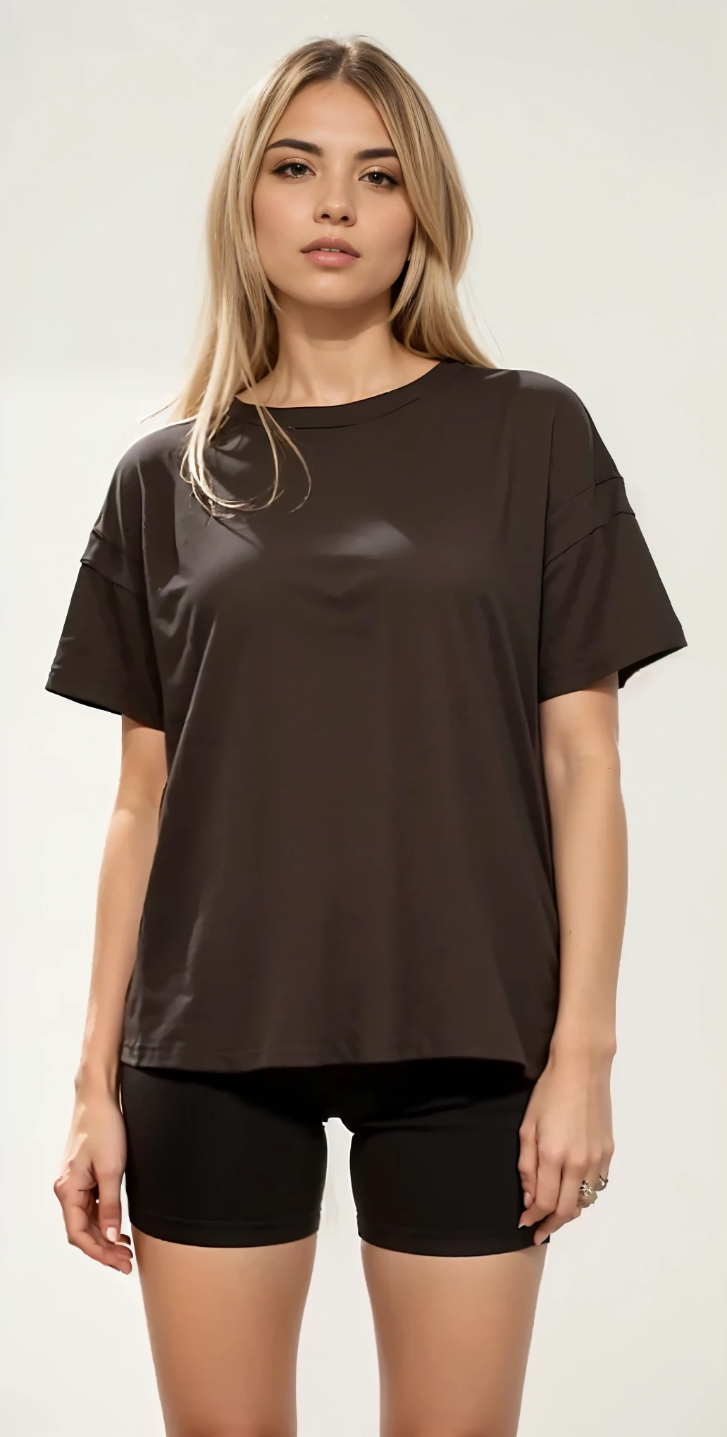a woman in a camisa marrom and black shorts stands in front of a white background, camisa marrom, camiseta preta, roupas marrons, marrom mudo, Camiseta, camiseta, manga larga cropped, black Camiseta, black camiseta, corte redondo, mulher baixa e robusta, Marrom escuro, vestindo camiseta preta, wearing a black Camiseta
