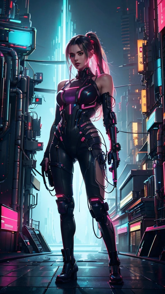 cyberpunk weaponized future bionic woman,,background of neon city light,extra detailed,ultra hd,realistic