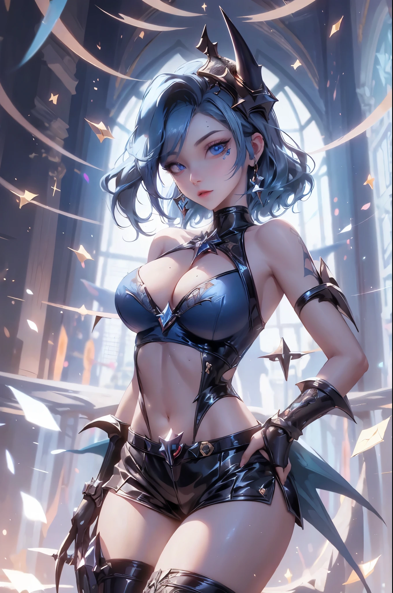 short bob hair, blue hair, sky blue eyes, cleavage, thighhighs, thighs,((wearing sexy devil witch cloth)), very sexy, ((hellboy horn)),wet skin, freckles, BREAK looking at viewer, BREAK city, BREAK (masterpiece:1.2), best quality, high resolution, unity 8k wallpaper, (illustration:0.8), (beautiful detailed eyes:1.6), extremely detailed face, perfect lighting, extremely detailed CG, (perfect hands, perfect anatomy),