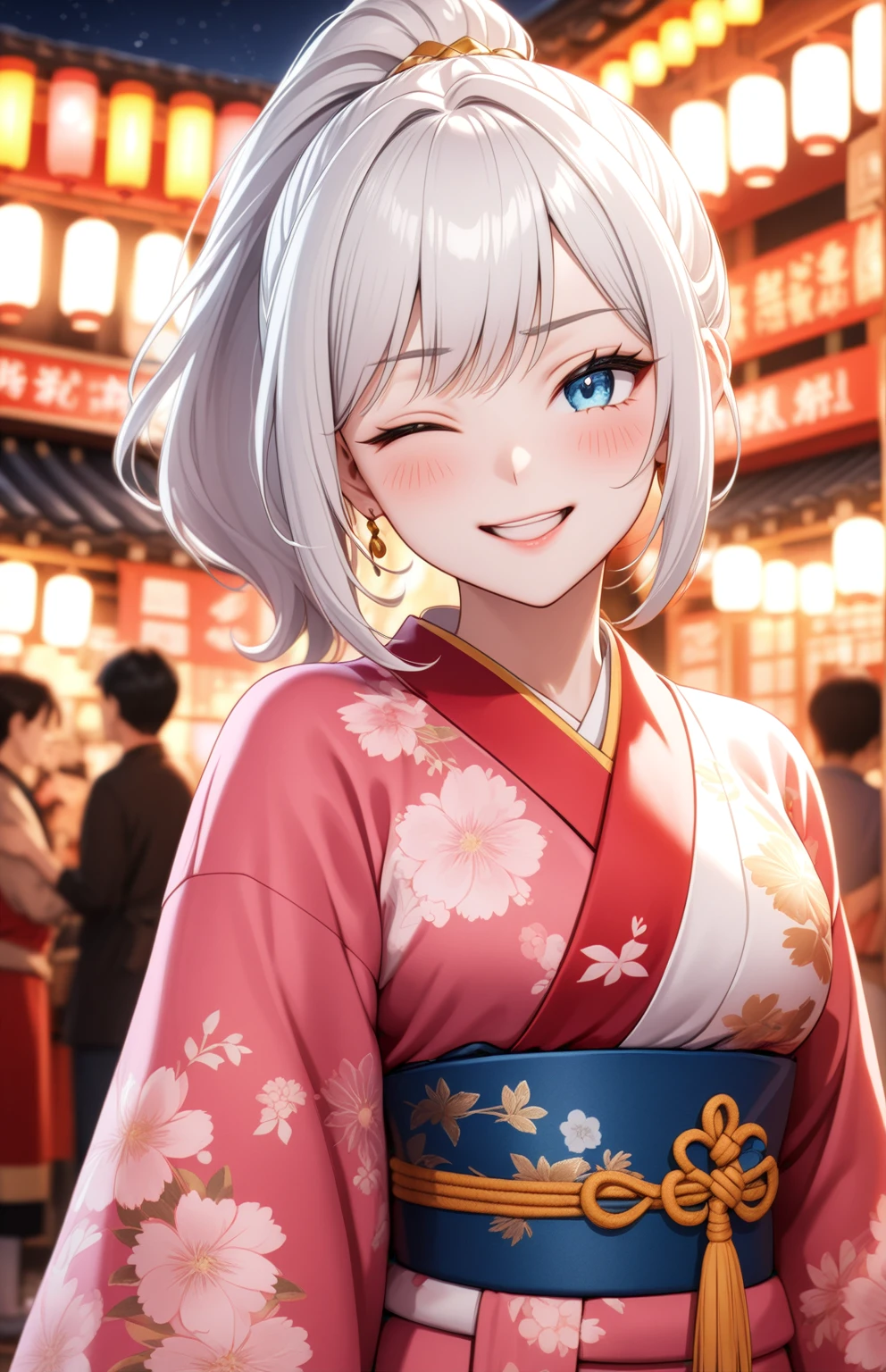 ((one personの女性)), Beautiful Face,Laugh shyly,((Wink:2.0)),Laughing with your mouth open,turn bright red,Glossy pink lips,night,Shrine festival stalls,((Anime style background)),masterpiece, highest quality, so beautiful, up to date, Complex details, (Pink long nails),AI-generated, Complex,High resolution, highest quality, super high quality,3D Images、Looking at the camera、3D Images,one person,Long white hair,High Ponytail,blue eyes,Anime woman posing for a photo, [[Fine grain、Colorful eyes、Shining Eyes:1.15]],(Squint your eyes:1.1),a hyperRealistic , hyperRealistic , Realistic,Long haired white haired anime woman, Smooth anime CG art, A woman in a colorful kimono with gold embroidery, (Black kimono),Red floral pattern,Long flower hair ornament,Big earrings,(Big Breasts:1.1),Mature Body,tall,Big Ass,Fine details,Tight waist,Abdominal muscles,(Face close-up:1.5),Tilt your face,Shooting from behind