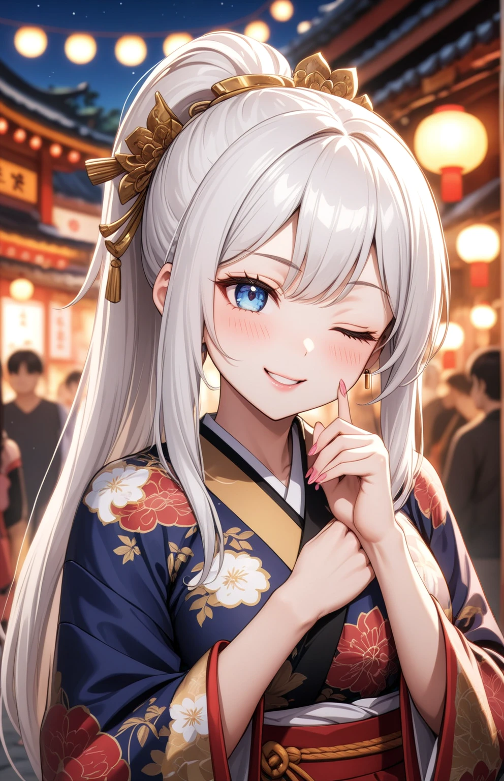 ((one personの女性)), Beautiful Face,Laugh shyly,((Wink:2.0)),Laughing with your mouth open,turn bright red,Glossy pink lips,night,Shrine festival stalls,((Anime style background)),masterpiece, highest quality, so beautiful, up to date, Complex details, (Pink long nails),AI-generated, Complex,High resolution, highest quality, super high quality,3D Images、Looking at the camera、3D Images,one person,Long white hair,High Ponytail,blue eyes,Anime woman posing for a photo, [[Fine grain、Colorful eyes、Shining Eyes:1.15]],(Squint your eyes:1.1),a hyperRealistic , hyperRealistic , Realistic,Long haired white haired anime woman, Smooth anime CG art, A woman in a colorful kimono with gold embroidery, (Black kimono),Red floral pattern,Long flower hair ornament,Big earrings,(Big Breasts:1.1),Mature Body,tall,Big Ass,Fine details,Tight waist,Abdominal muscles,(Face close-up:1.5),Tilt your face,Shooting from behind