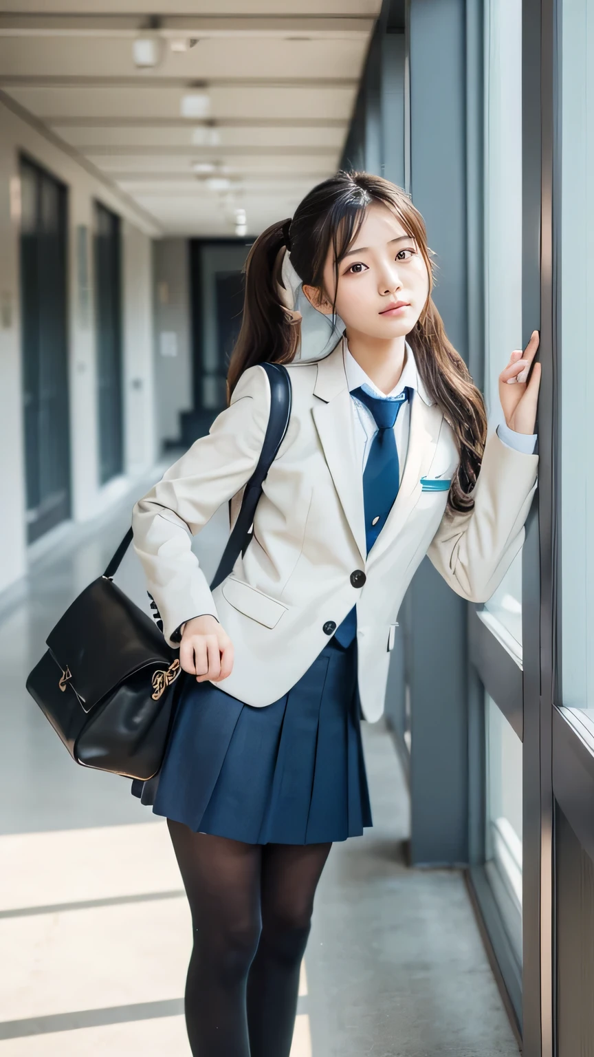 Great quality、8k、flying debris、(RAW Photos:1.4)、High resolution、((Composition away from the subject))、((Full body photo from face to ankles))、((Perfect Anatomy))、1 female 14 years old、Small stature、Detailed skin、Glowing Skin、Baby Face、double eyelid、eyes with long eyelashes、Small face、smile、Open your mouth、ponytail、Staring out the window in the school hallway、Stretch your back、The windows provide natural light、Realistic school scenery、middle School girl、Blue and grey school bag on shoulder、Slender and delicate body、Small breasts、A blazer uniform with green lines、girl 、Check skirt、healthy、young woman、black tights、black tights、Black knee-high socks、White sneakers、Full Body Shot、Beautiful Hairstyles、Accentuates very slim legs