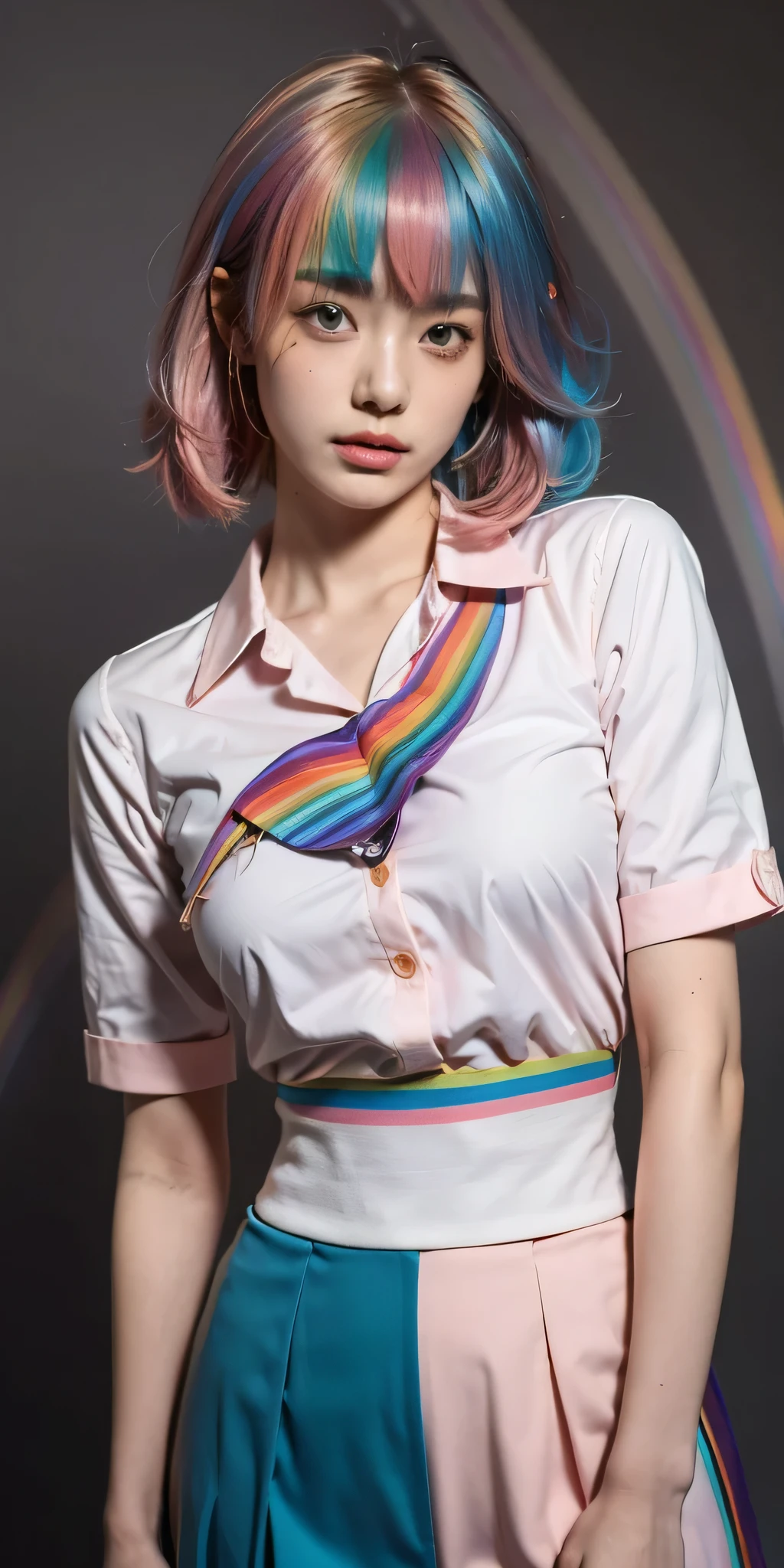 masterpiece, highest quality, best quality, 1girl, solo, looking at viewer, , tezuka rin, (armless amputee:1.2), (Pink fashion:1.9),(colored hair:1.9),(All colors of the rainbow:1.9),(Rainbow colored semi-long hair:1.7),long eyelashes,White shoulder。,White shoulder sleeve shirt,looking at the audience,blue eyes,(rainbow colour hair:1.6),color splotches,(solo:1.8),color splotches,color splotches,color explosion,Thick lacquer style,Messy lines,((Shiny),(color),(color),(color),(color),color,Thick lacquer style,(color splotches),(color)splash collar, collared shirt, (double amputee:1.2), green eyes, katawa shoujo, red necktie.