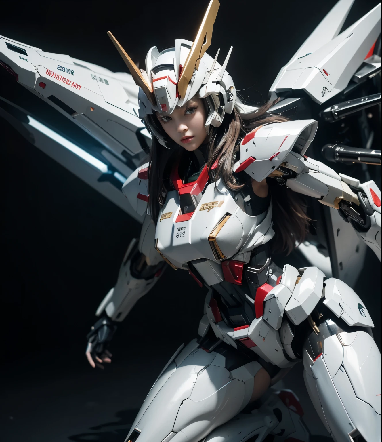 Textured skin, Super Detail, high details, High quality, Best Quality, hight resolution, 1080p, hard disk, Beautiful,(Gundam Girl),beautiful cyborg woman,Mecha Cyborg Girl,Battle Mode,Girl with a Mecha Body,She wears a futuristic Gundam mecha,Full Body Shot