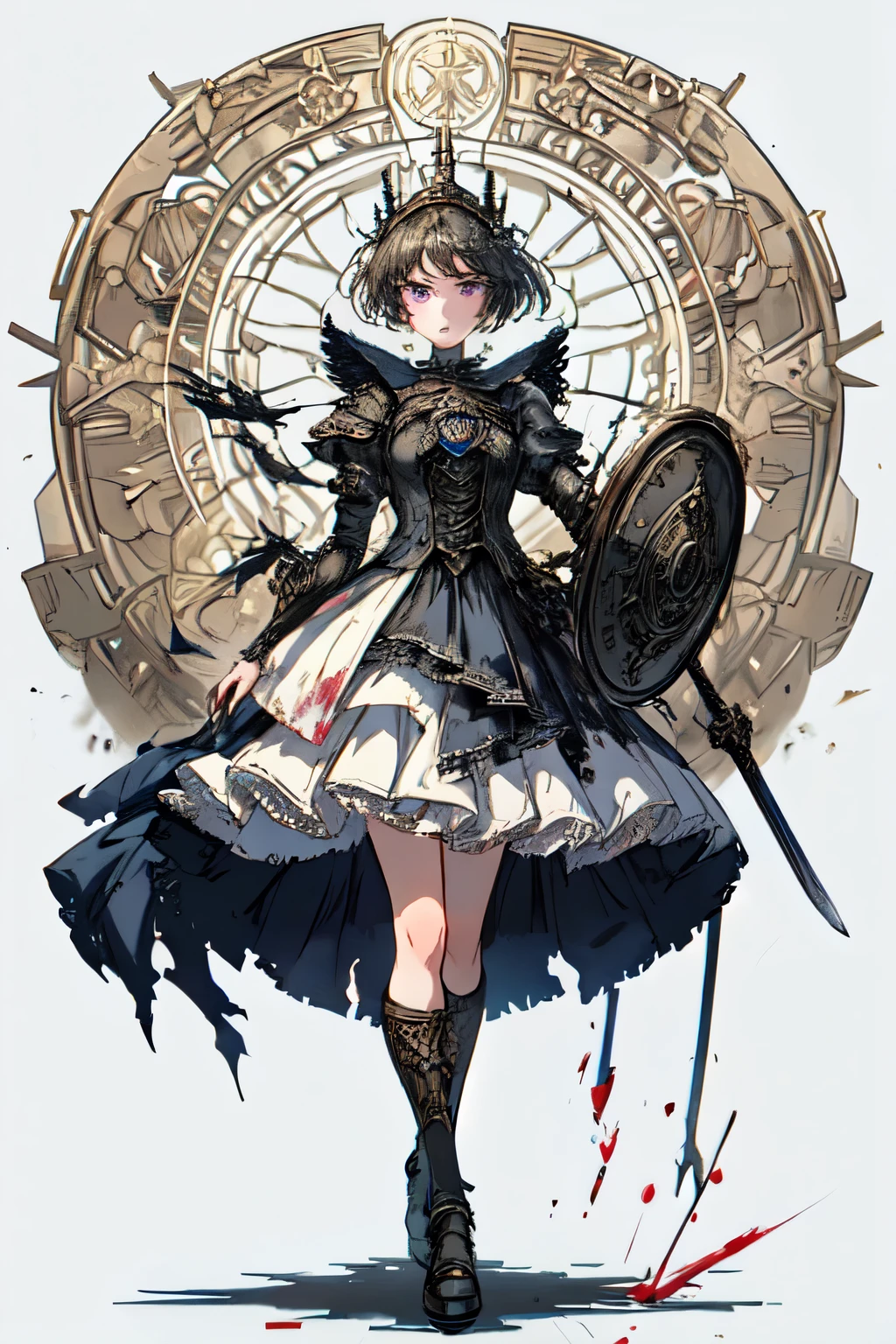 ((best quality)), ((masterpiece)), (detailed), perfect face ((best quality)), ((masterpiece)), (detailed), blank white background, plain background, white background, Bloodborne inspired, occult aesthetic, occult, detailed and intricate steampunk and detailed gothic, (zentangle, mandala, tangle, entangle), NSFW, torn clothing, Very dramatic and cinematic lighting, cosmic horror, grim-dark, side-lighting, perfect face, a beautiful goddess adorned and enshrined in armour, Bloodborne inspired , occult aesthetic , occult , detailed and intricate steampunk and detailed gothic , wielding a sword and holding a shield, NSFW, Fluttering lace flared short dress with frilly petticoats, knee length dress, pleated petticoats, lolita dress, petticoats gothic lolita, side-lighting, gothic lolita aesthetic, beautiful small breasts, small breasts, full body, whole body, body, plain background, white background, blank background, no background, white background NSFW, full body, whole body, head-to-toe