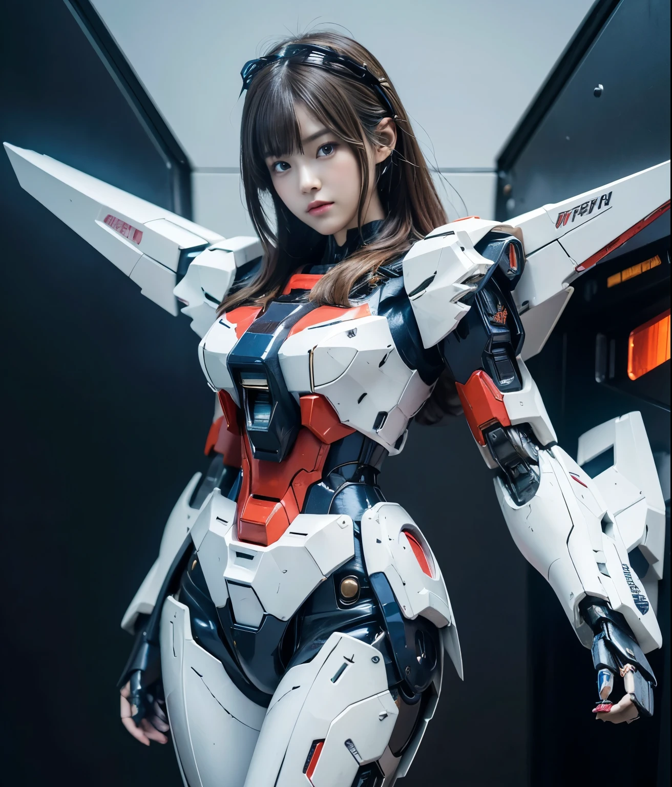 Textured skin, Super Detail, high details, High quality, Best Quality, hight resolution, 1080p, hard disk, Beautiful,(Gundam Girl),beautiful cyborg woman,Mecha Cyborg Girl,Battle Mode,Girl with a Mecha Body,She wears a futuristic Gundam mecha,Full Body Shot