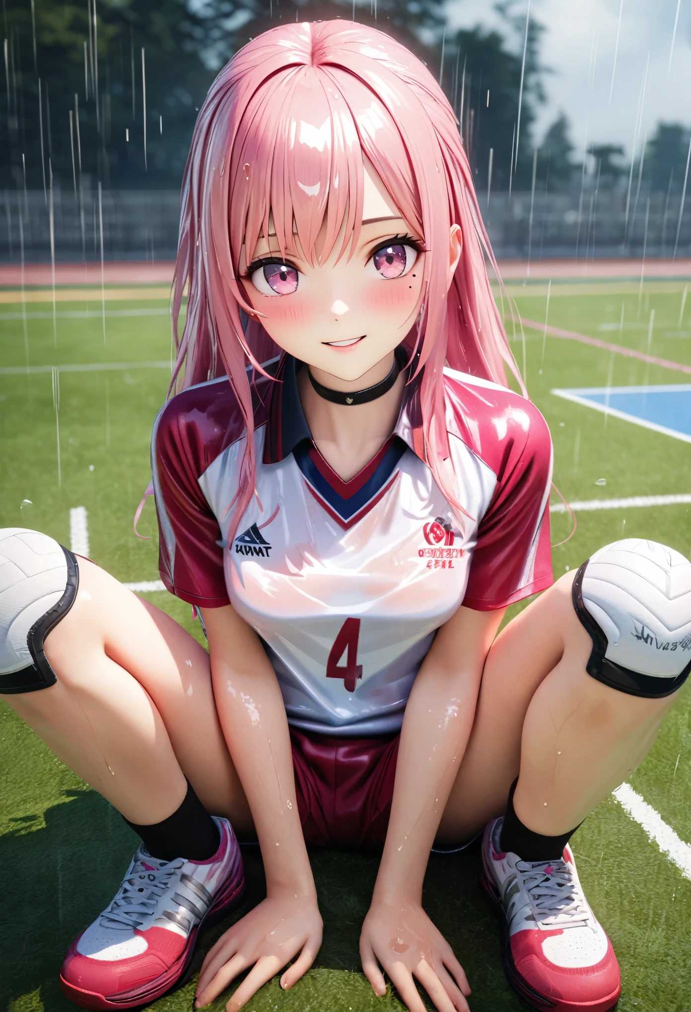 masterpiece, best quality, highly detailed, high resolution, expensive solution, high resolution, 4k, 8k, Unity 8k wallpaper, highly detailed CG, masterpiece, 2d, 3d, beautiful details, depth, fine texture, best quality: 1.3, total concentration, transparent skin, him, very cute anime girl, expensive pink long hair, one girl, volleyball uniform, knee pads on knees, volleyball shoes, on the grass in the schoolyard, it was raining heavily and she was soaking wet. The volleyball uniform was see-through, her hair was soaking wet, smiling long pink hair, full body, on the grass in the schoolyard, heavy rain, mole under eye, gaze, expensive, blush, lips parted, heart, pink eyes, choker