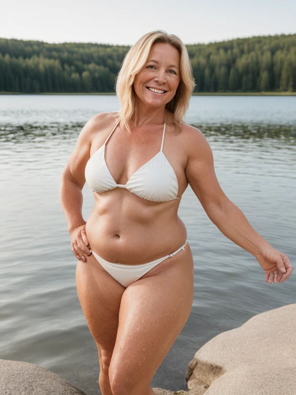 A picture of a Swedish beautiful woman in her late 40 s. ((Wide hips and a little extra fat on her stomach)). Skin flaws and stretchmarks, Standing in a little bikini by a lake. Wind in her hair. Smiling. Realistic Masterpiece