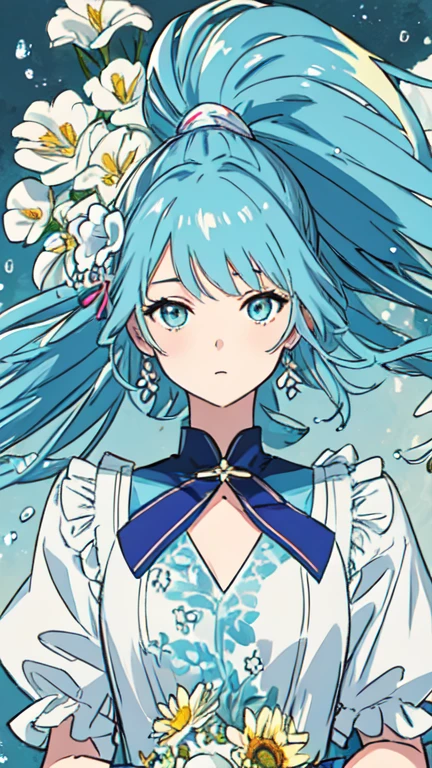 (masterpiece), (highest quality), (Super detailed),(Disheveled Hair),(figure), (One girl), (Fashionable clothes), Are standing, Fashion Model, View Viewer, (interview), (Simple Background),Beautiful fine details, Delicate and beautiful face, floating,(High chroma),(Colorful splashes),Colorful Bubbles,(The Shining), Focus on the face,  ponytail, kamisato ayaka, Light blue hair, bangs, Hair Ring, Floating Flowers, Floating hair, (The Shining), Best lighting, Best Shadow,  