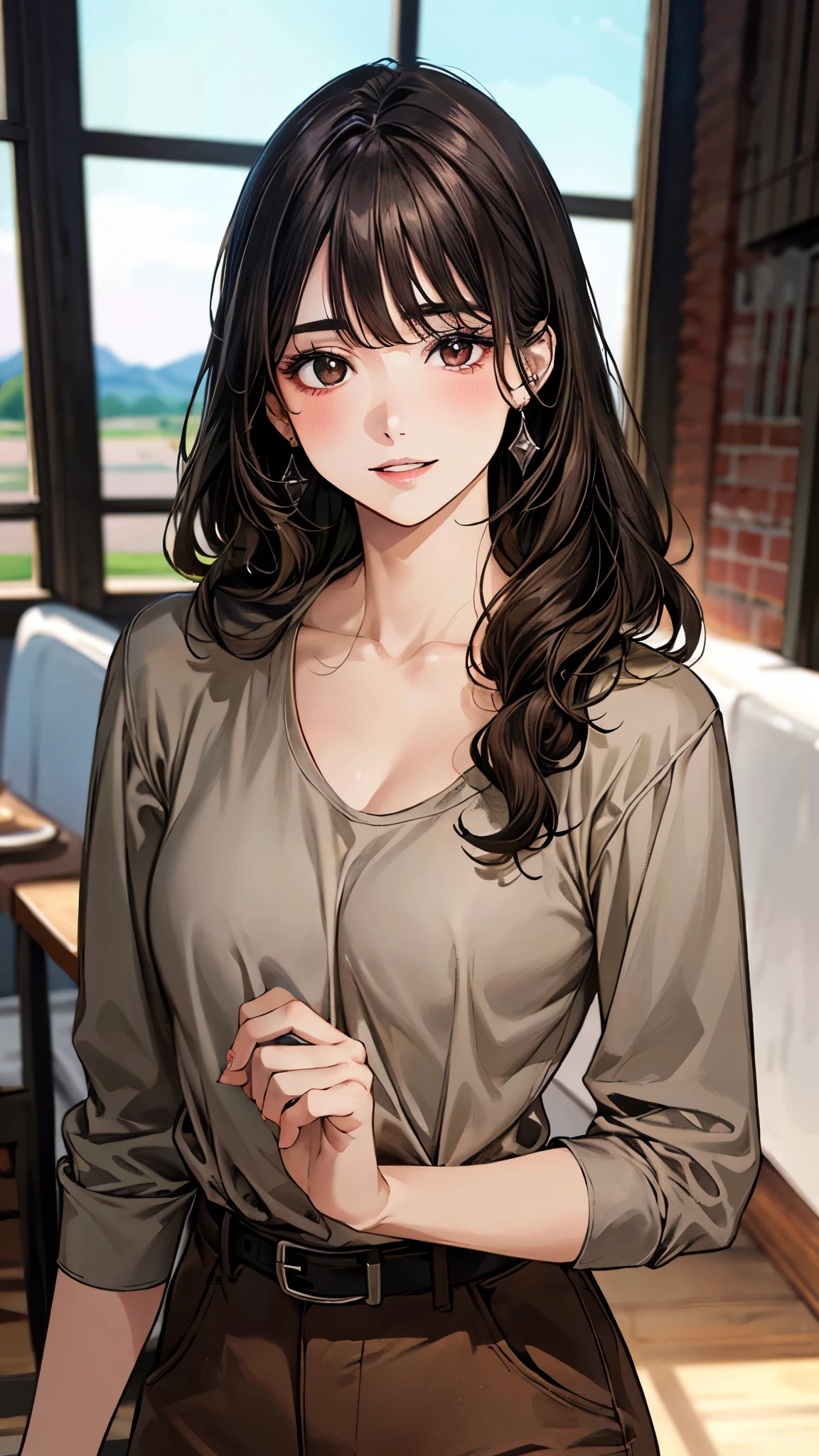 (masterpiece:1.3, top-quality, ultra high res, ultra detailed), (realistic, photorealistic:1.4), beautiful illustration, perfect lighting, natural lighting, colorful, depth of fields, ,
beautiful detailed hair, beautiful detailed face, beautiful detailed eyes, beautiful clavicle, beautiful body, beautiful chest, beautiful thigh, beautiful legs, beautiful fingers, shiny skin,
looking at viewer, 1 girl, 20 years old, (perfect anatomy, anatomically correct, super detailed skin), cute and symmetrical face, face, perfect face, perfect eyes,
(long hair, curvy hair, light brown hair), blunt bangs, black eyes, big eyes, long eyelashes, (medium breasts, seductive thighs), curvy,
(detailed cloth texture), break, long sleeve dark grey t-shirts, clavicle:1.2, break, brown chino pants, break, black belt, break,
(beautiful scenery), summer, evening, (dining room:1.2), standing, (happy smile, parted lips),