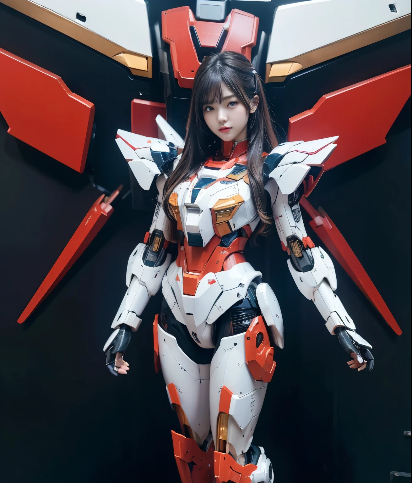 Textured skin, Super Detail, high details, High quality, Best Quality, hight resolution, 1080p, hard disk, Beautiful,(Gundam Girl),beautiful cyborg woman,Mecha Cyborg Girl,Battle Mode,Girl with a Mecha Body,She wears a futuristic Gundam mecha,Full Body Shot