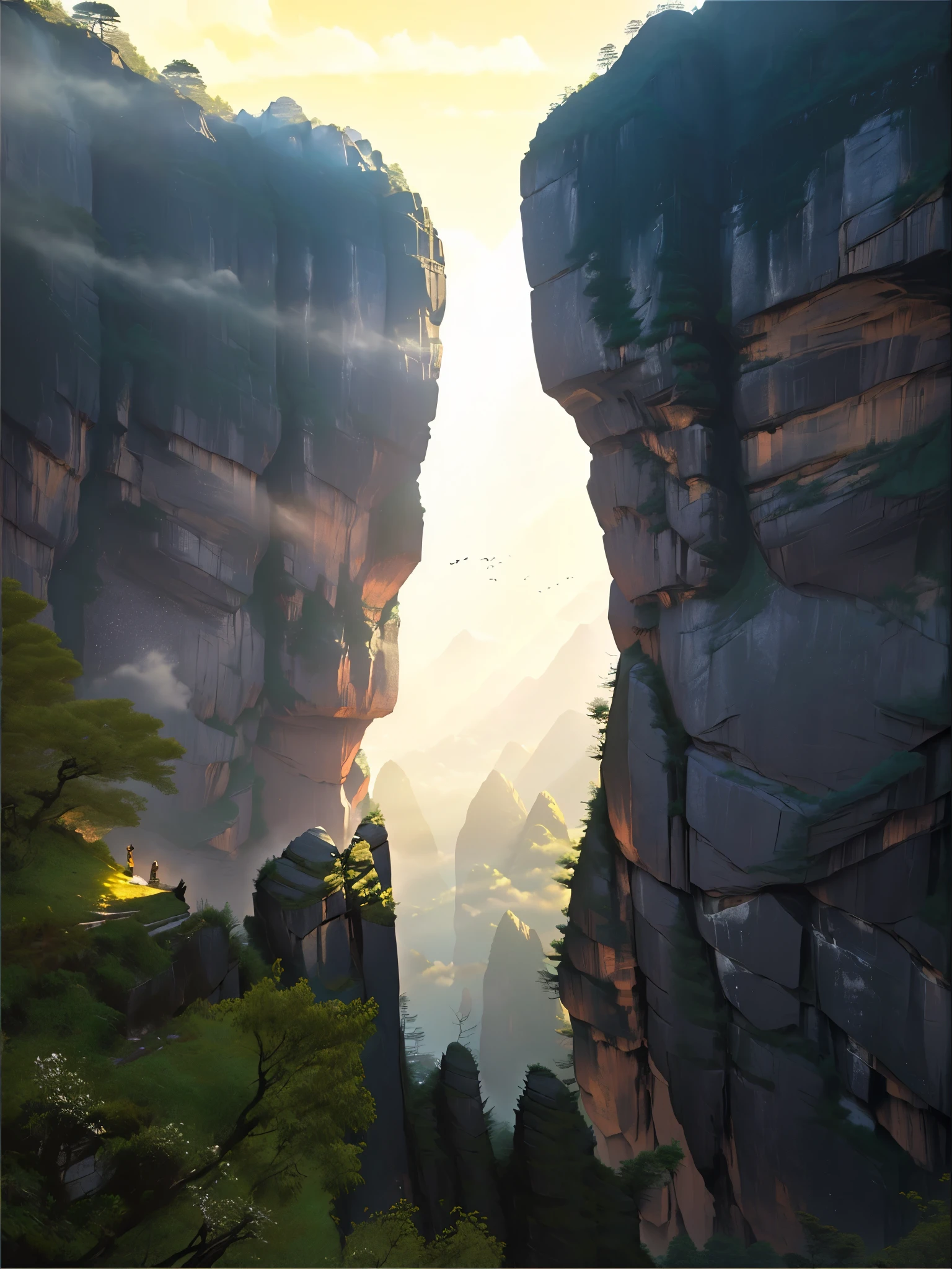 there are two large rocks that are standing in the middle of a mountain, incredibly beautiful, amazing depth, breathtaking composition, zhangjiajie in early morning, zhangjiajie, breathtaking shot, zhangjiajie national forest park, in between a gorge, stunning nature in background, canyon, natural morning light, breathtaking landscape, beautiful natural rim light