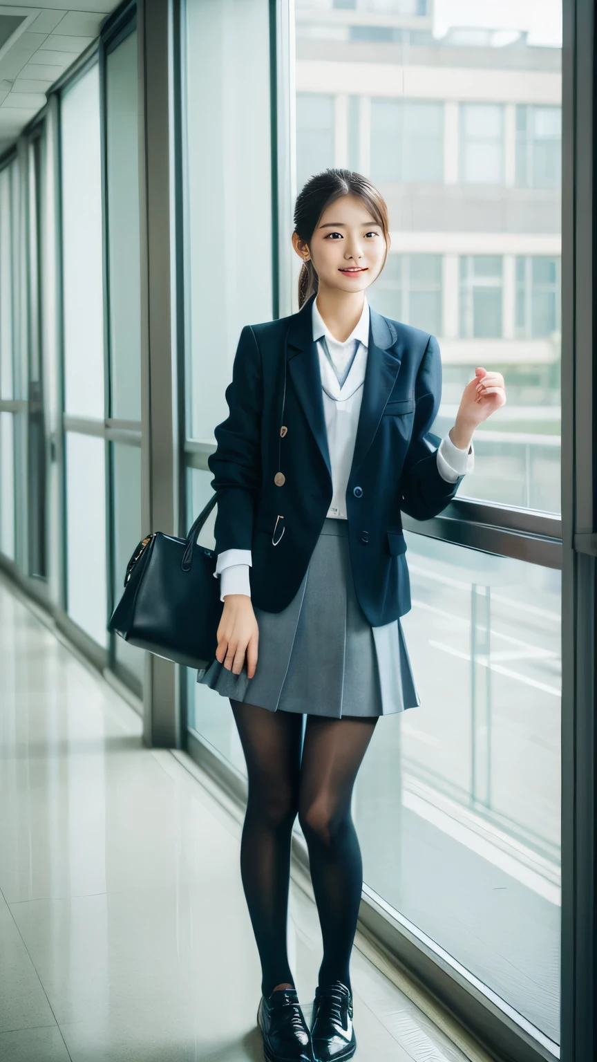 Great quality、8k、flying debris、(RAW Photos:1.4)、High resolution、((Composition away from the subject))、((Full body photo from face to ankles))、((Perfect Anatomy))、1 female 14 years old、Small stature、Detailed skin、Glowing Skin、Baby Face、double eyelid、eyes with long eyelashes、Small face、smile、Open your mouth、ponytail、Staring out the window in the school hallway、Stretch your back、The windows provide natural light、Realistic school scenery、middle School girl、Blue and grey school bag on shoulder、Slender and delicate body、Small breasts、A blazer uniform with green lines、girl 、Check skirt、healthy、young woman、black tights、black tights、Black knee-high socks、White sneakers、Full Body Shot、Beautiful Hairstyles、Accentuates very slim legs