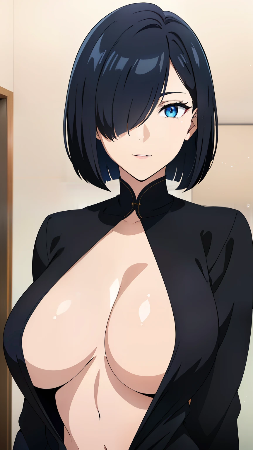 (best quality:1.5, highres, UHD, 4K, detailed lighting, shaders), black hair, bob cut, (hair covering one eye), cool woman, woman, Slender Eyes, sharp eyes, blue eyes, beautiful, indoors background, casual clothes, large breasts