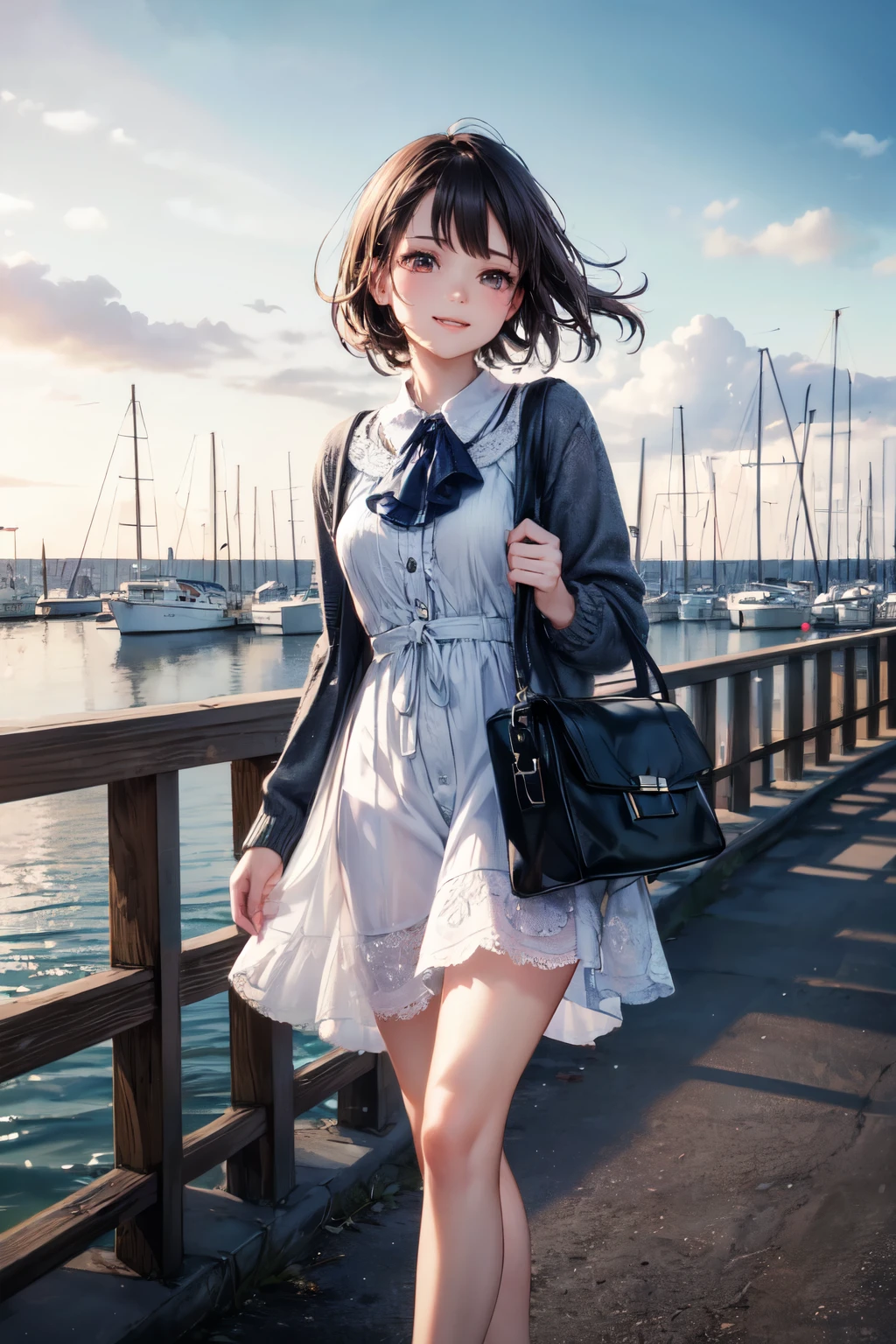 very cute and beautiful girl,(highly detailed beautiful face),
frilled white summer dress with detailed lace,(navyblue cardigan),standing,
road side of seaside town street,harbor,marina,beautiful summer sky,
(smile),black hair,mid shot,holding cute fashion bag,detailed legs,
(best quality,masterpiece),absurdres,highres,ultra-detailed,extremely detailed,32k,8k resolution,
intricate details,cinematic scene,detailed background,solo,dynamic angle,realistic,